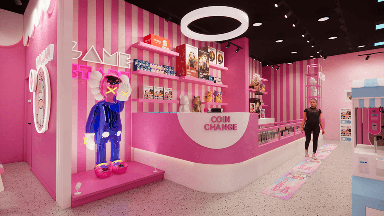 The main front desk and entrance area of a Waterloo claw machine arcade, featuring a curved coin exchange counter, character display pods, and a clear view into the gaming zone. The pink-themed interior, layered lighting design, and open sightlines create a welcoming first impression while guiding customers smoothly from the entrance into the arcade and retail areas.