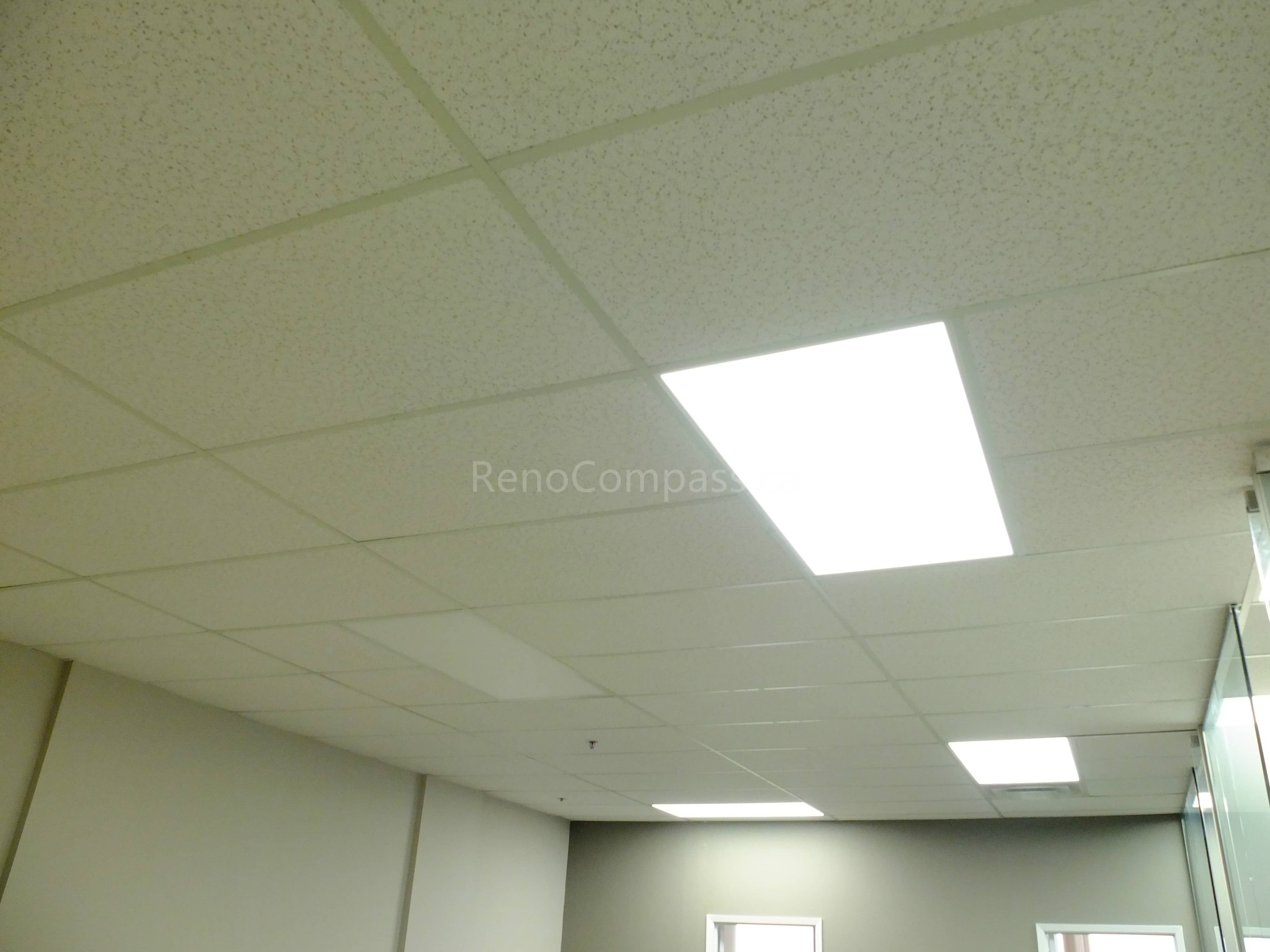 Modern office ceiling renovation in North York featuring suspended acoustic ceiling tiles and energy-efficient LED panel lighting. This commercial office renovation improves lighting quality, workspace comfort, and overall interior aesthetics, completed by a professional Toronto renovation company specializing in office and commercial projects.