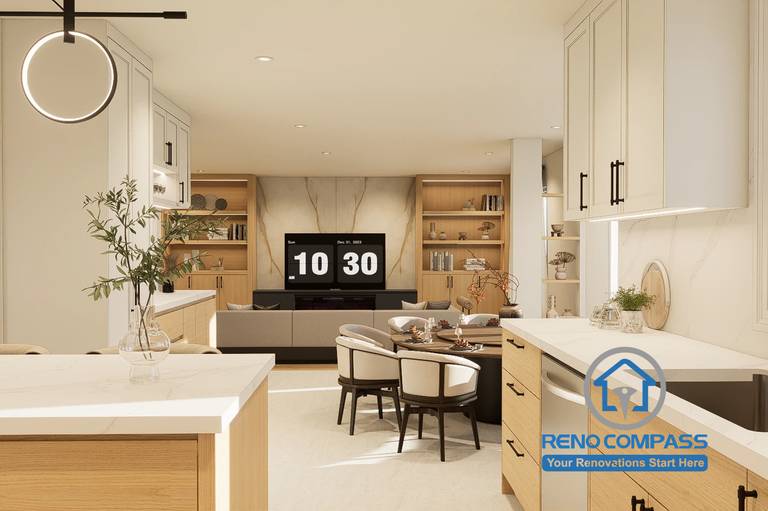 Open-concept kitchen and family room design created for a Markham whole home renovation project. Featuring custom cabinetry, a spacious kitchen island, built-in shelving, and seamless transitions between cooking, dining, and living areas. The layout is designed to maximize natural light, functionality, and family interaction.