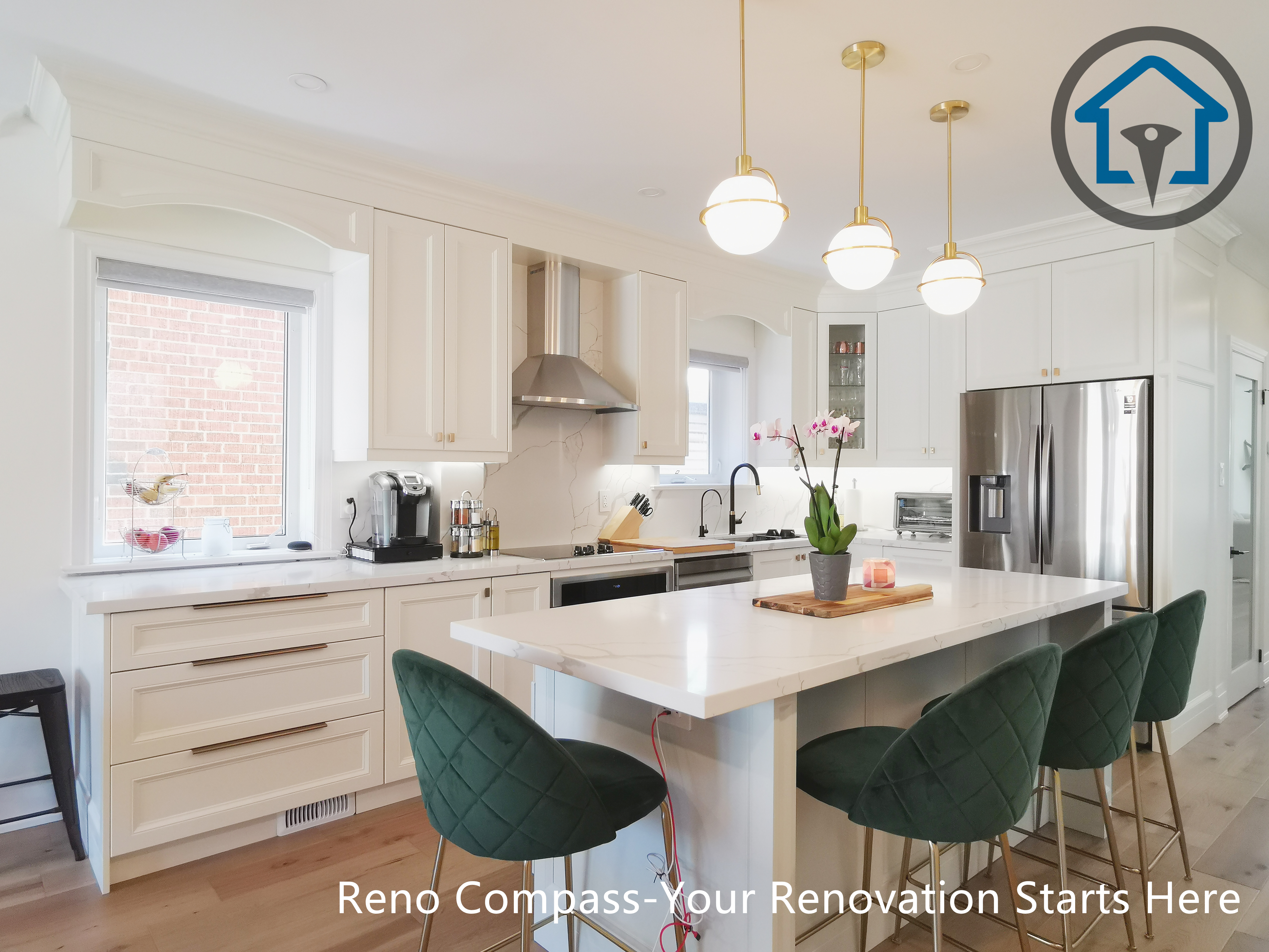 This image features the main kitchen island from a North York interior renovation, highlighting a large quartz countertop paired with elegant pendant lighting. The island provides generous seating and prep space, serving as the functional and visual center of the kitchen. White shaker cabinetry, stainless steel appliances, and a modern range hood create a clean, cohesive look, while the open sightline connects the kitchen seamlessly to the adjacent living area. Warm hardwood flooring balances the bright finishes and enhances overall comfort. Completed by a Toronto renovation company, this kitchen renovation emphasizes usability, material quality, and a refined open-concept layout.