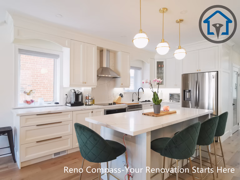 This image features the main kitchen island from a North York interior renovation, highlighting a large quartz countertop paired with elegant pendant lighting. The island provides generous seating and prep space, serving as the functional and visual center of the kitchen. White shaker cabinetry, stainless steel appliances, and a modern range hood create a clean, cohesive look, while the open sightline connects the kitchen seamlessly to the adjacent living area. Warm hardwood flooring balances the bright finishes and enhances overall comfort. Completed by a Toronto renovation company, this kitchen renovation emphasizes usability, material quality, and a refined open-concept layout.