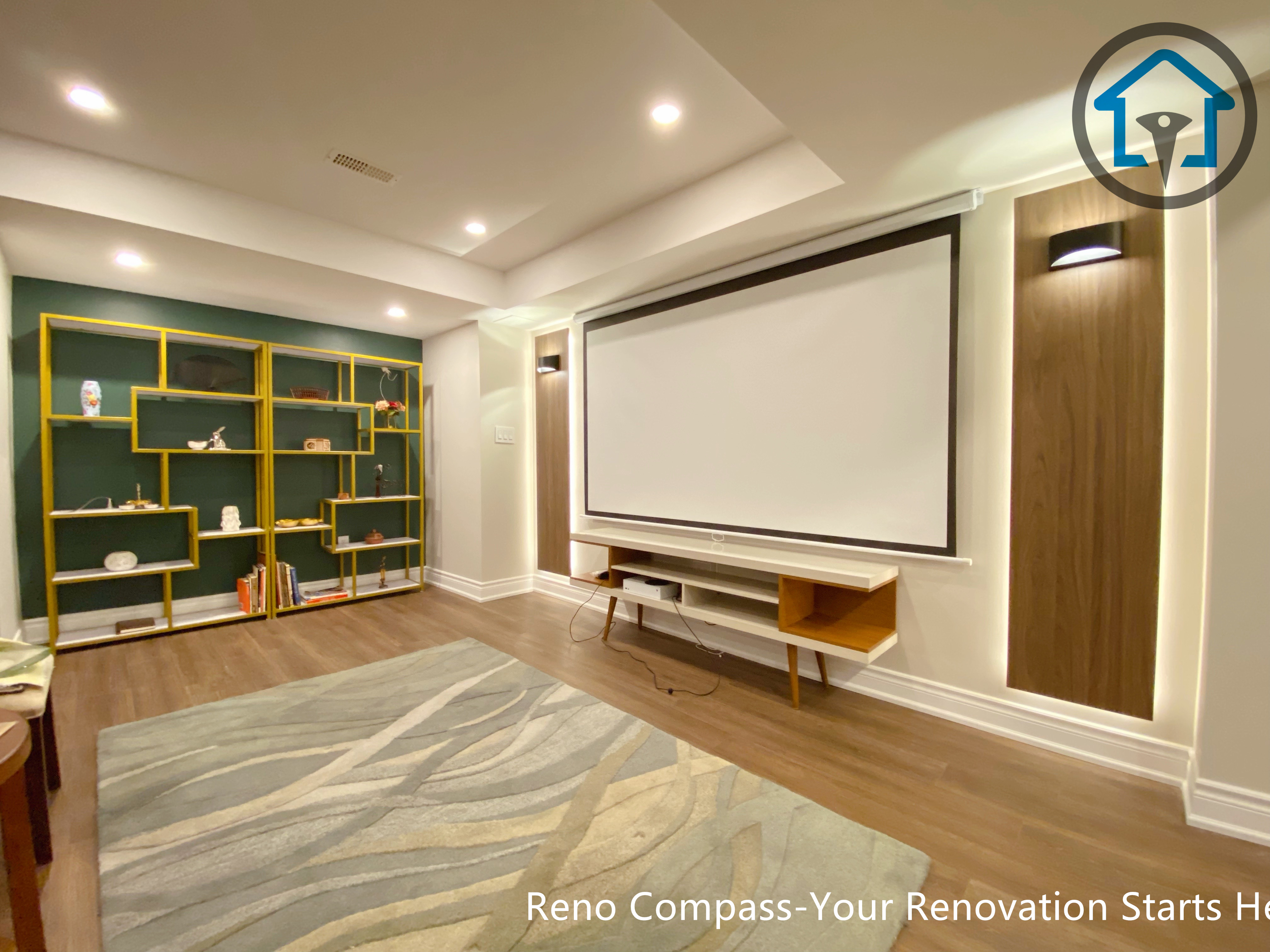 Completed basement design and build project in Markham by a Toronto renovation company, combining functionality, clean lines, and warm modern finishes.