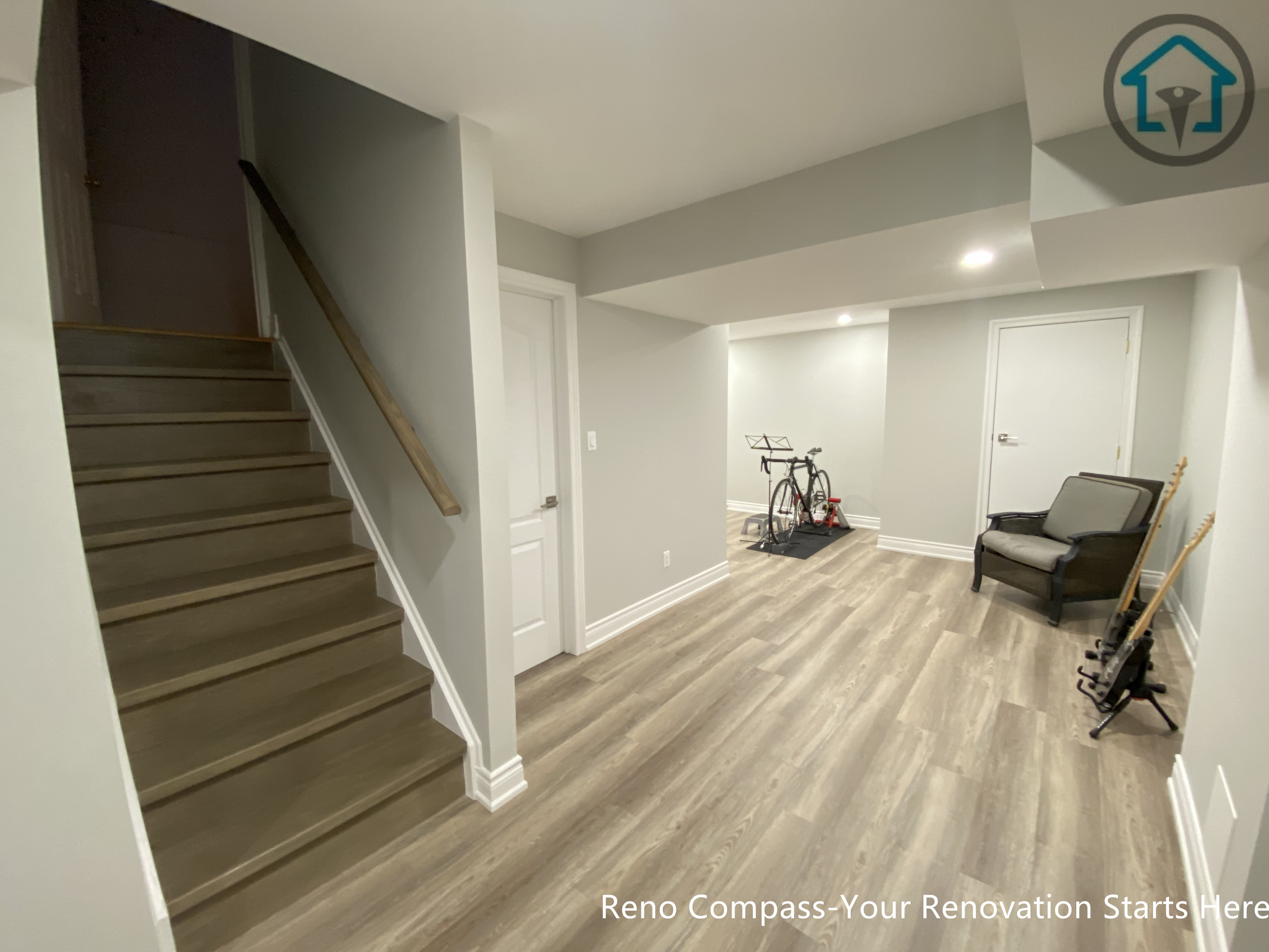 This modern basement interior renovation in Markham highlights clean finishes, balanced lighting, and a practical layout suitable for everyday residential use.