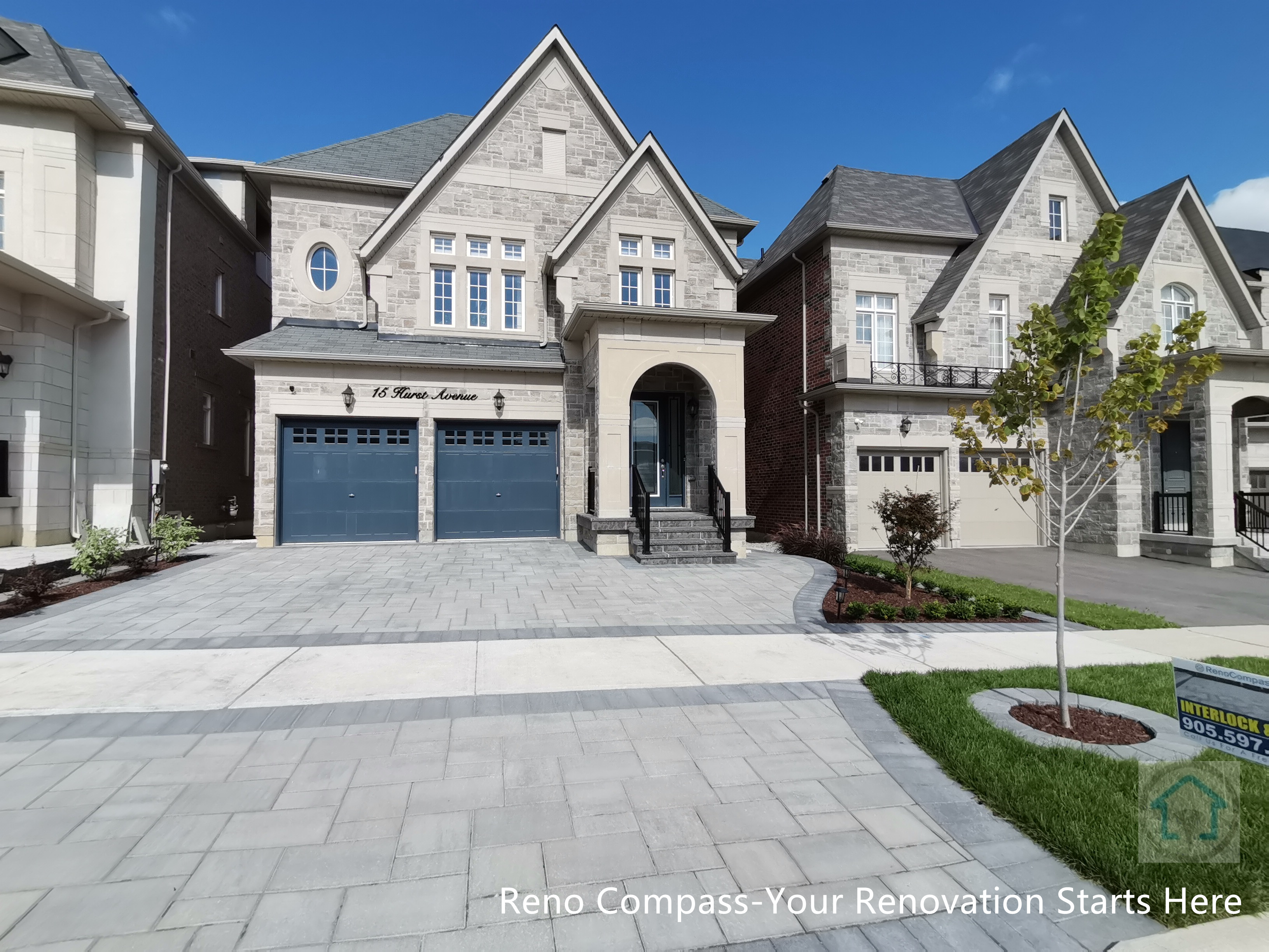This Vaughan driveway renovation features a clean interlocking stone layout that enhances curb appeal and complements the home’s architectural style. The design integrates the driveway, front walkway, and landscaped lawn with precise grading and durable materials, creating a cohesive and low-maintenance outdoor space.