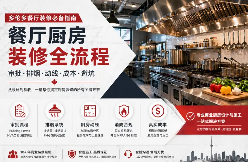 多伦多餐厅厨房装修怎么做？从审批、排烟到动线设计的完整流程与避坑指南 - 装修攻略封面