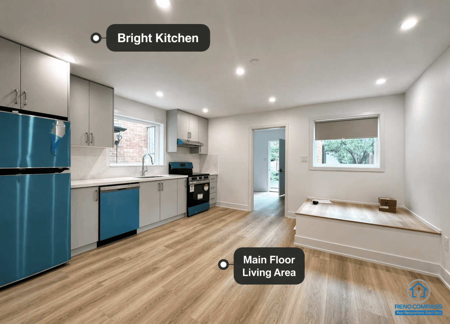 This main floor unit features a bright open-concept kitchen and living area with natural light, modern finishes, and a functional layout. As part of a Toronto legal 3-unit conversion, the design enhances tenant comfort and supports strong rental appeal.