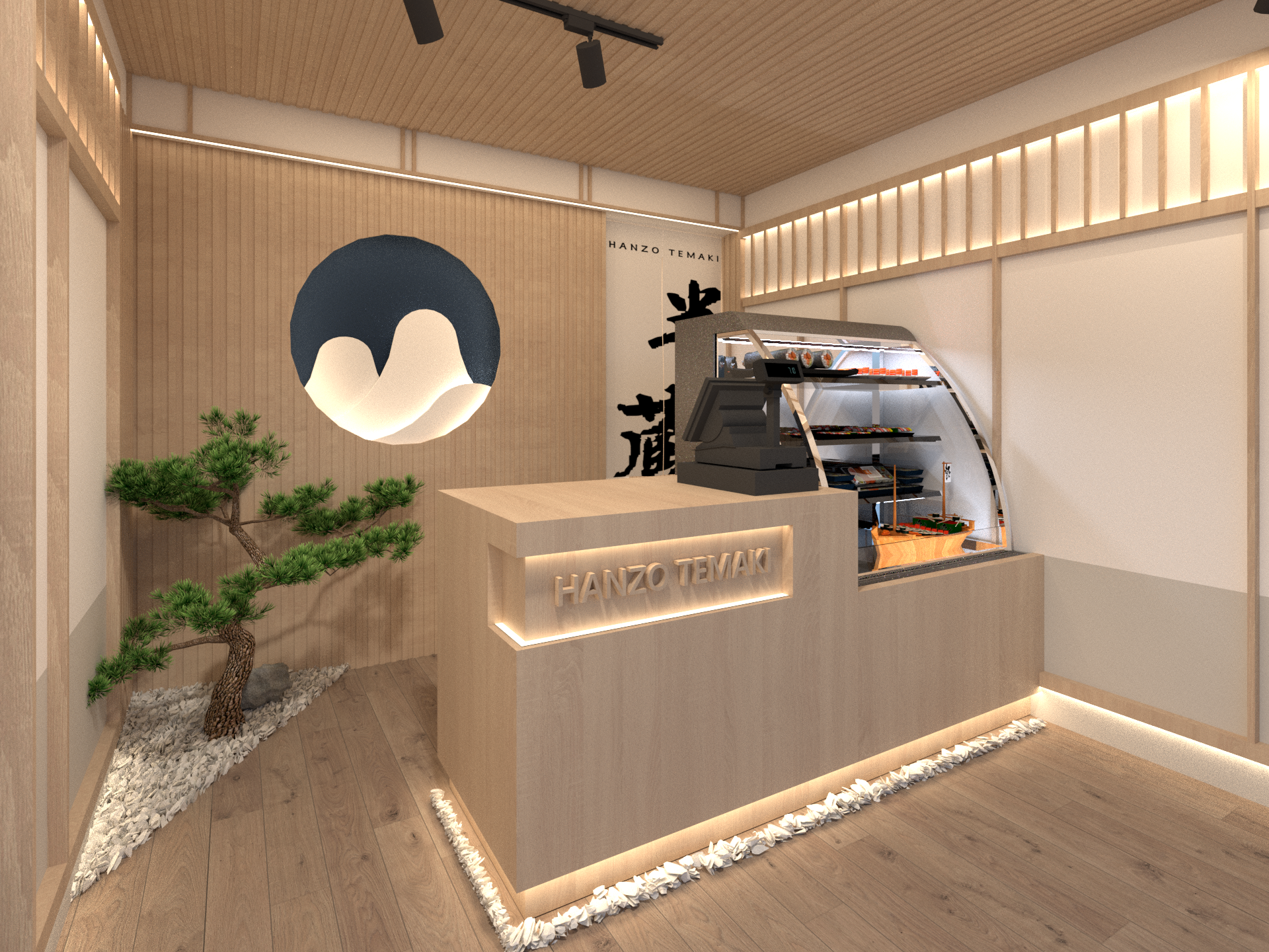 Front counter and service area design for a Markham restaurant, featuring warm wood finishes, integrated lighting, and a minimalist Japanese-inspired aesthetic that enhances brand presence and customer experience.