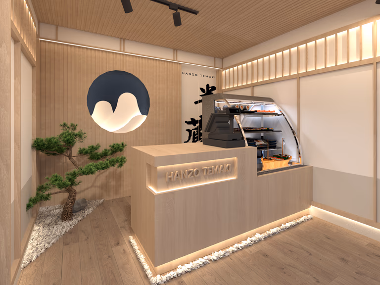 Front counter and service area design for a Markham restaurant, featuring warm wood finishes, integrated lighting, and a minimalist Japanese-inspired aesthetic that enhances brand presence and customer experience.