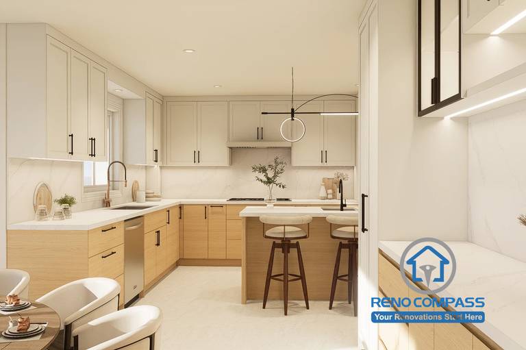 Custom kitchen design developed for a Markham whole home renovation project. Featuring two-tone cabinetry, quartz countertops, a functional kitchen island, integrated storage solutions, and premium finishes. The layout is carefully planned to maximize efficiency, natural light, and everyday family living while maintaining a timeless modern aesthetic.