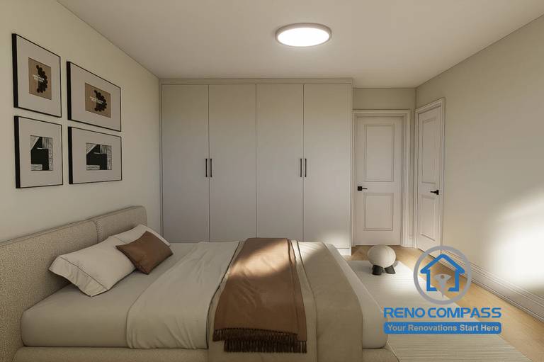 Primary bedroom design created for a Markham whole home renovation project. Featuring custom floor-to-ceiling wardrobes, warm neutral finishes, natural wood flooring, and a minimalist layout designed to maximize comfort, storage, and everyday functionality while maintaining a bright and relaxing atmosphere.