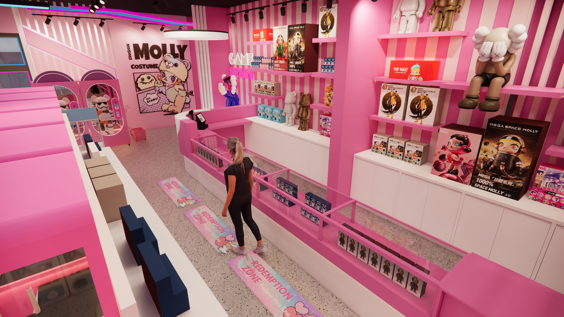 The prize redemption counter inside a Waterloo claw machine arcade, featuring organized display shelves, clear exchange circulation, and a pink-themed retail counter design. The layout allows customers to easily browse collectible figures and redeem prizes while maintaining smooth staff operation and efficient customer flow within the arcade environment.