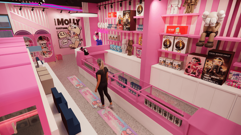 The prize redemption counter inside a Waterloo claw machine arcade, featuring organized display shelves, clear exchange circulation, and a pink-themed retail counter design. The layout allows customers to easily browse collectible figures and redeem prizes while maintaining smooth staff operation and efficient customer flow within the arcade environment.