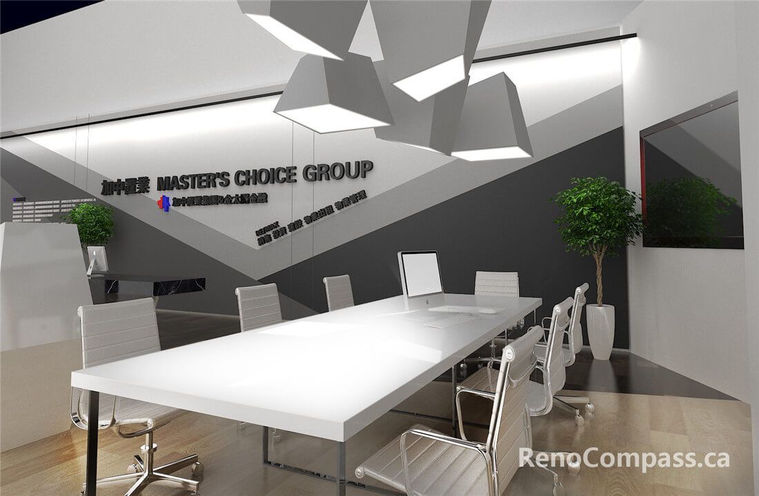 This image showcases a completed conference room as part of a Toronto office commercial design project. The space features a large modern meeting table, ergonomic office chairs, custom geometric pendant lighting, and branded feature walls. Clean lines, contemporary finishes, and integrated lighting create a professional environment suitable for meetings, presentations, and client discussions. This finished office interior reflects the design coordination and build quality delivered by a professional Toronto commercial renovation company.