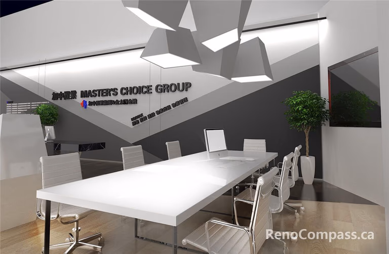 This image showcases a completed conference room as part of a Toronto office commercial design project. The space features a large modern meeting table, ergonomic office chairs, custom geometric pendant lighting, and branded feature walls. Clean lines, contemporary finishes, and integrated lighting create a professional environment suitable for meetings, presentations, and client discussions. This finished office interior reflects the design coordination and build quality delivered by a professional Toronto commercial renovation company.