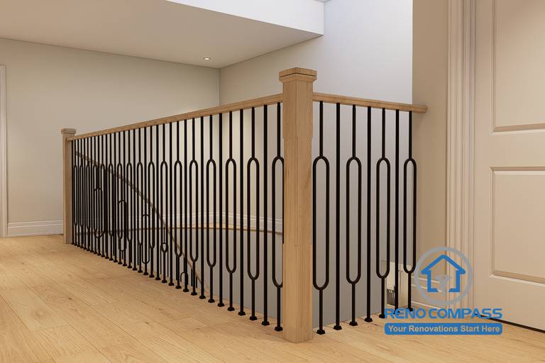 Custom stair railing design created for a Markham whole home renovation project. Featuring solid wood posts, contemporary black metal balusters, and natural wood flooring. The clean and elegant design enhances safety while serving as a striking architectural feature that complements the home's modern interior style.