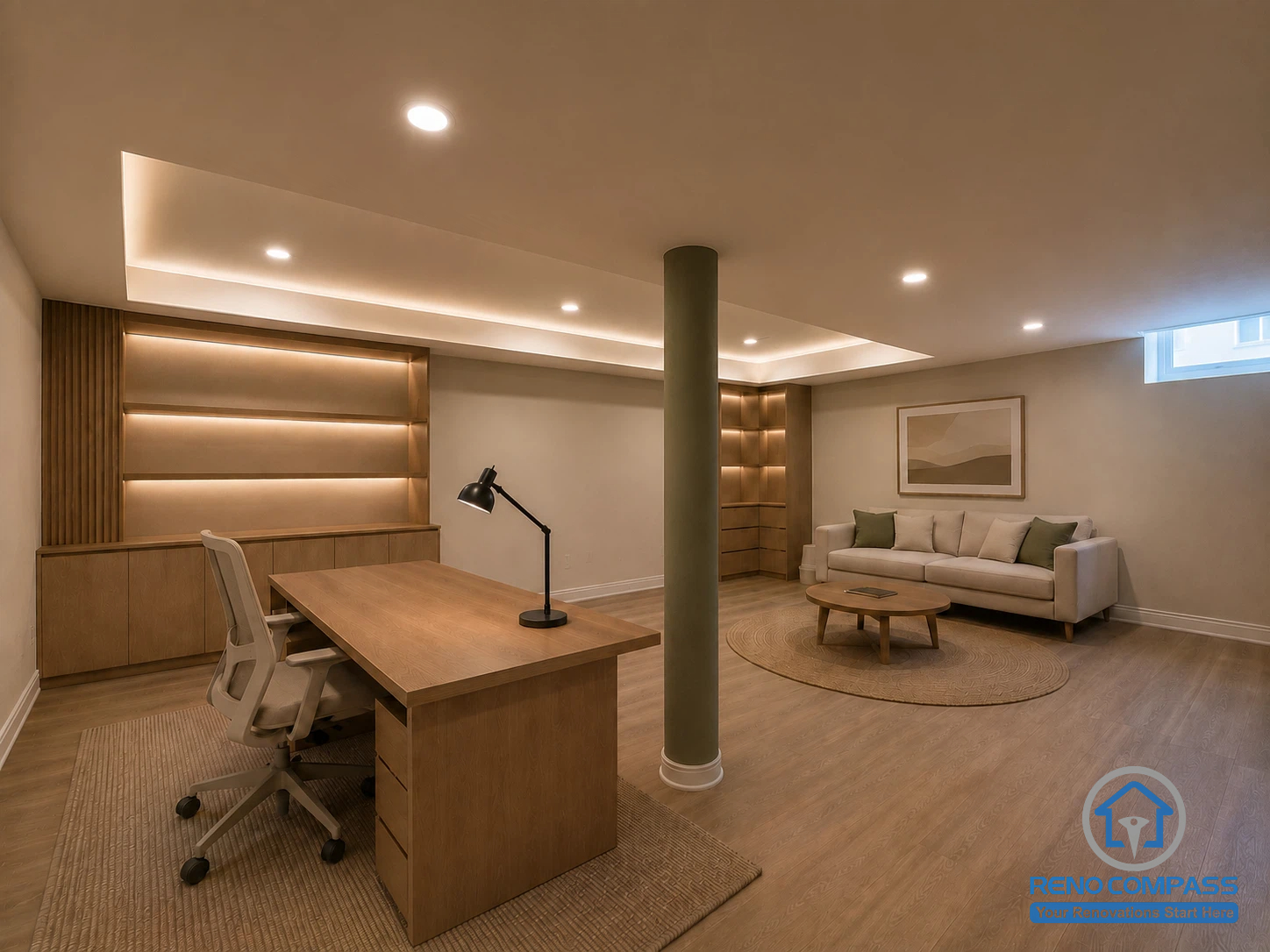 This multifunctional basement renovation combines a custom home office with a comfortable lounge area, featuring built-in wood shelving, ambient LED lighting, and warm contemporary finishes. Completed as part of a whole house renovation in North York, the space is designed to support both productivity and relaxation while maximizing functionality.