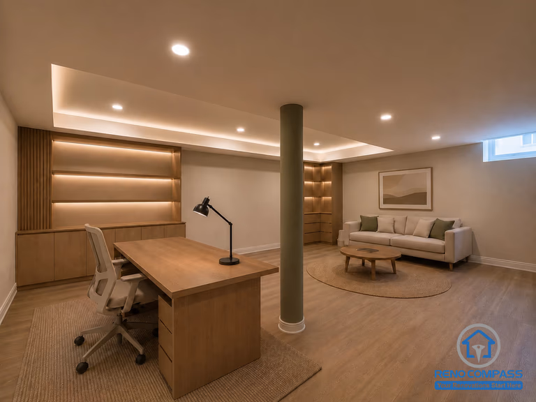 This multifunctional basement renovation combines a custom home office with a comfortable lounge area, featuring built-in wood shelving, ambient LED lighting, and warm contemporary finishes. Completed as part of a whole house renovation in North York, the space is designed to support both productivity and relaxation while maximizing functionality.