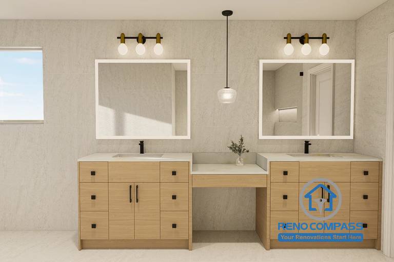 Luxury bathroom design created for a Markham whole home renovation project. Featuring a custom double vanity, integrated makeup station, illuminated mirrors, quartz countertops, and natural wood cabinetry. The layout is designed to maximize functionality, storage, and everyday comfort while maintaining a clean and timeless aesthetic.