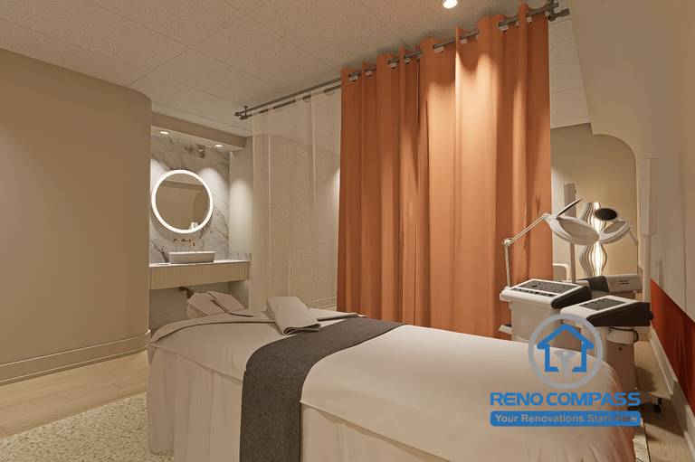 A private and well-designed treatment room in a Markham medical aesthetic clinic renovation, featuring soft lighting, ergonomic treatment bed, and privacy curtains to enhance patient comfort and professional workflow.