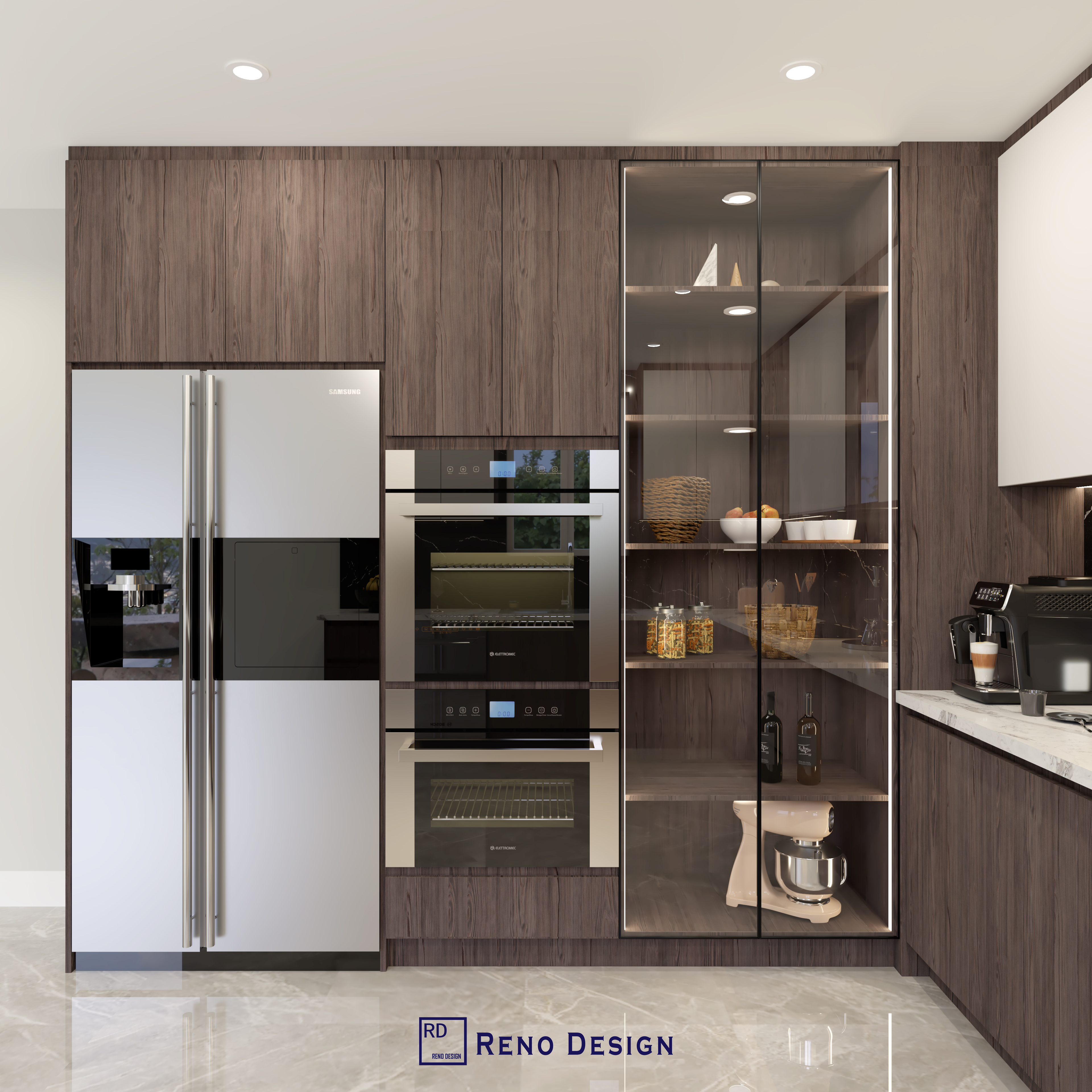 This Toronto modern kitchen design features full-height dark wood cabinetry with integrated stainless steel appliances for a seamless, custom-built look. The sleek built-in oven and refrigerator enhance functionality while maintaining a clean, minimalist aesthetic. A glass display cabinet with interior lighting adds depth and sophistication, offering both practical storage and elegant presentation. Designed for contemporary Toronto homes, this kitchen combines luxury finishes with smart space planning for a refined and efficient cooking environment.
