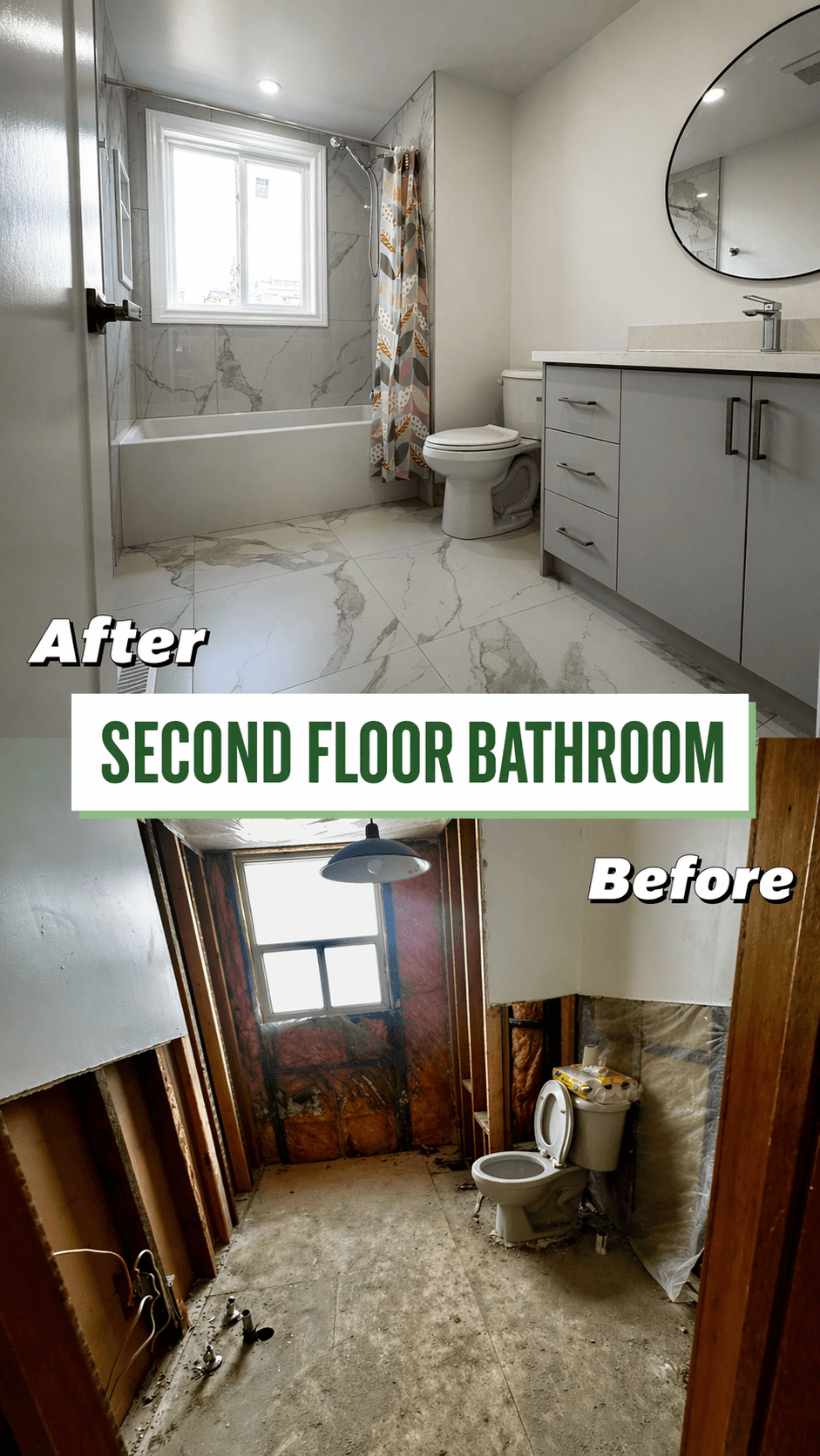 This before-and-after transformation shows a second-floor bathroom renovation in Toronto. The space was upgraded from an unfinished condition to a modern, fully functional bathroom, improving comfort, usability, and overall property value.