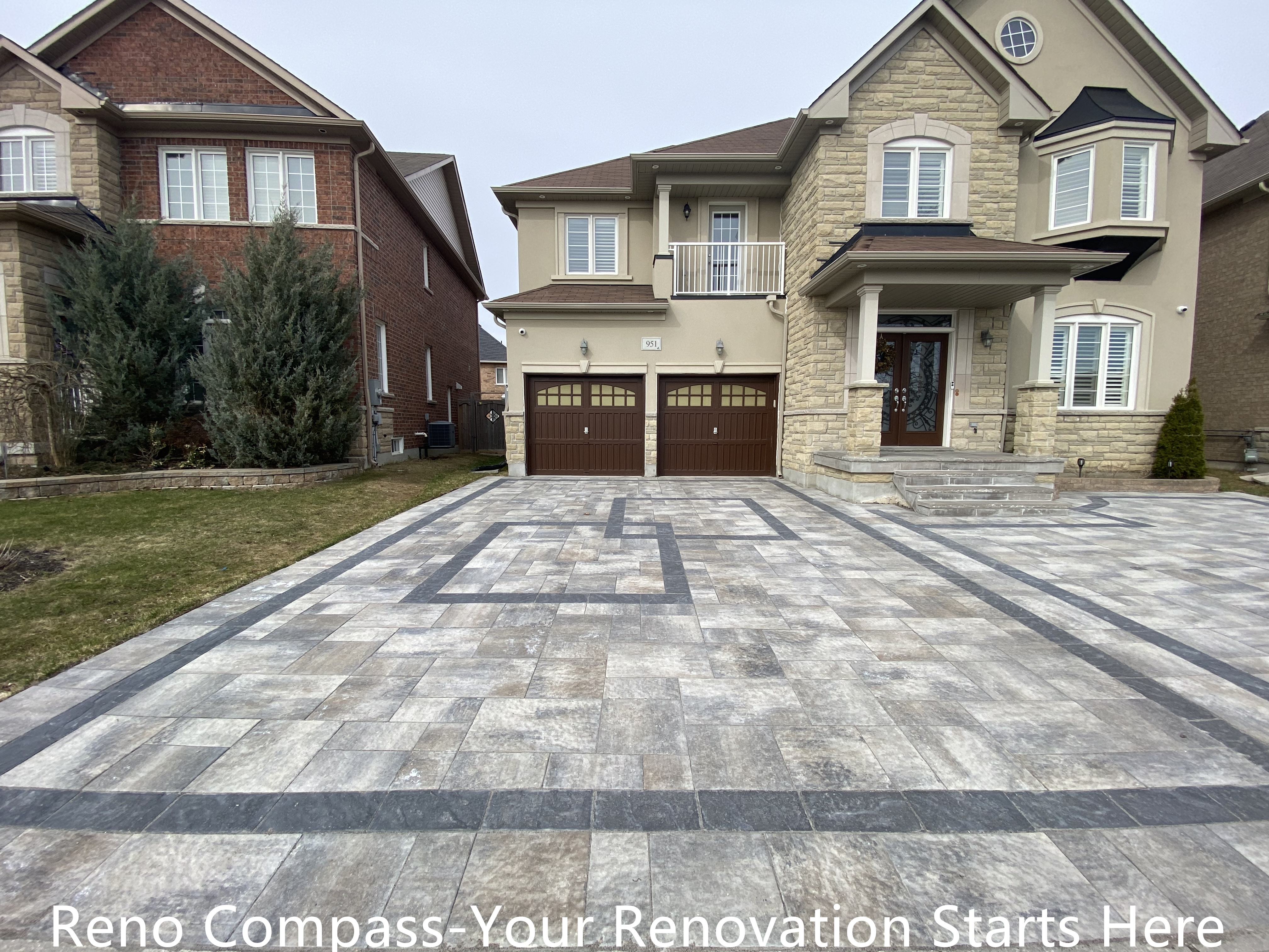 Completed interlocking driveway renovation in Newmarket featuring a large-scale front yard hardscape with patterned concrete pavers and contrasting border lines. The upgraded driveway enhances curb appeal, provides a durable parking surface, and complements the home’s exterior architecture. Designed and installed by a trusted Toronto renovation company specializing in high-quality residential exterior renovations.