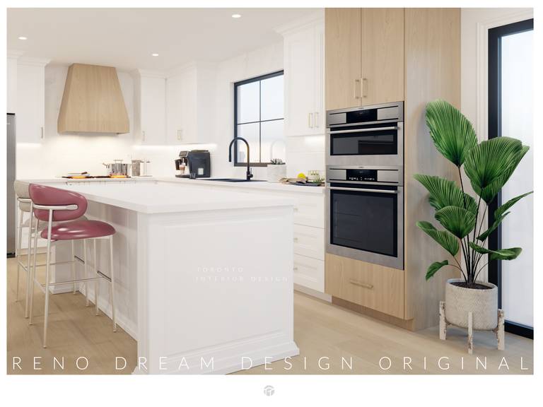 Bright open-concept kitchen interior design in North York Toronto featuring a spacious white island, custom cabinetry, built-in oven tower, wood accent range hood, and contemporary bar seating. This elegant kitchen highlights Reno Compass’ expertise in blending modern aesthetics with practical functionality, creating a warm and sophisticated cooking and gathering space for Toronto residential interiors.