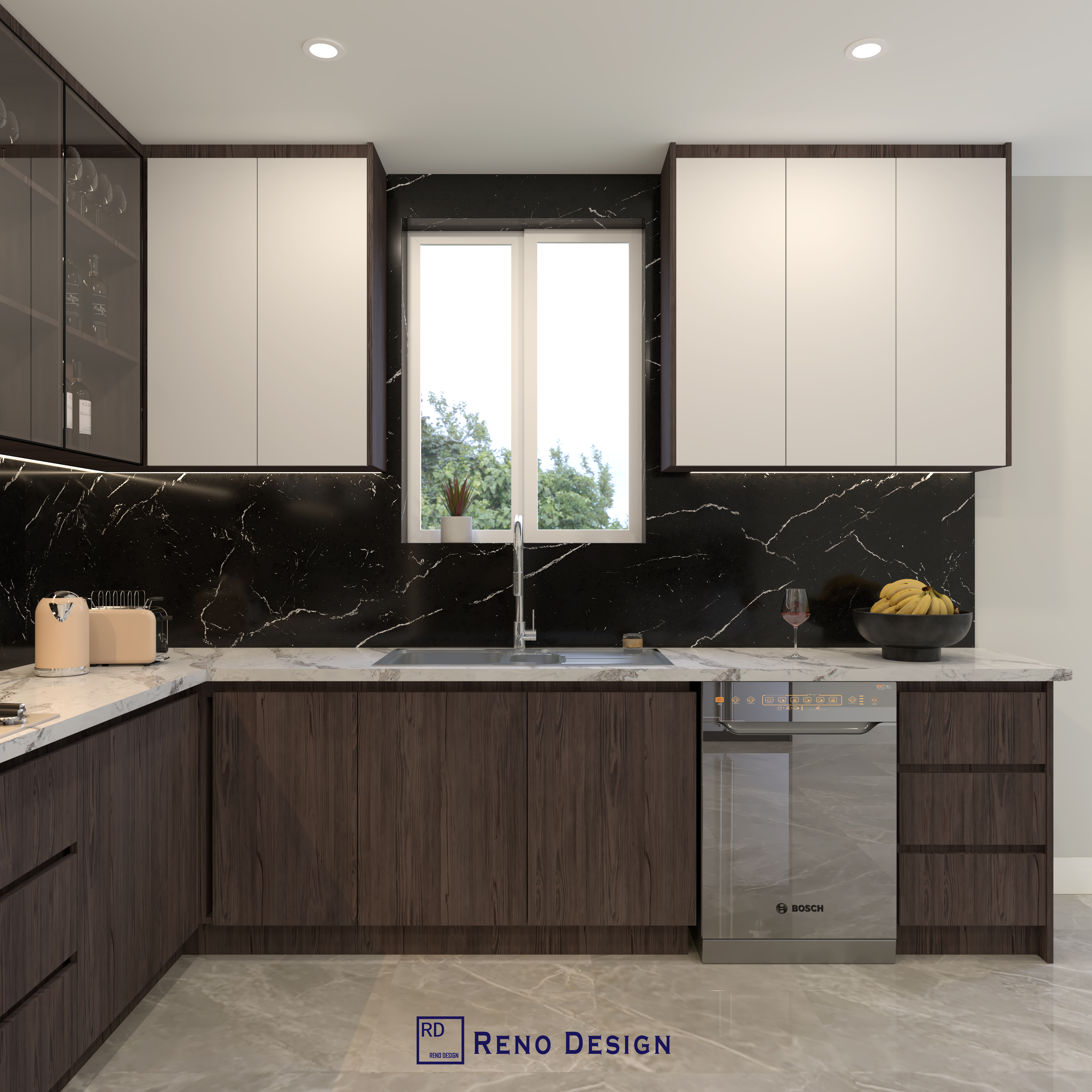 This Toronto contemporary kitchen renovation highlights a refined two-tone cabinet design featuring rich dark wood base cabinets and clean white upper cabinetry. The dramatic black marble backsplash adds contrast and depth, while built-in appliances and recessed lighting enhance both functionality and elegance. The open layout maximizes space and flow, making this modern kitchen design a perfect blend of luxury, comfort, and everyday practicality for Toronto homeowners.