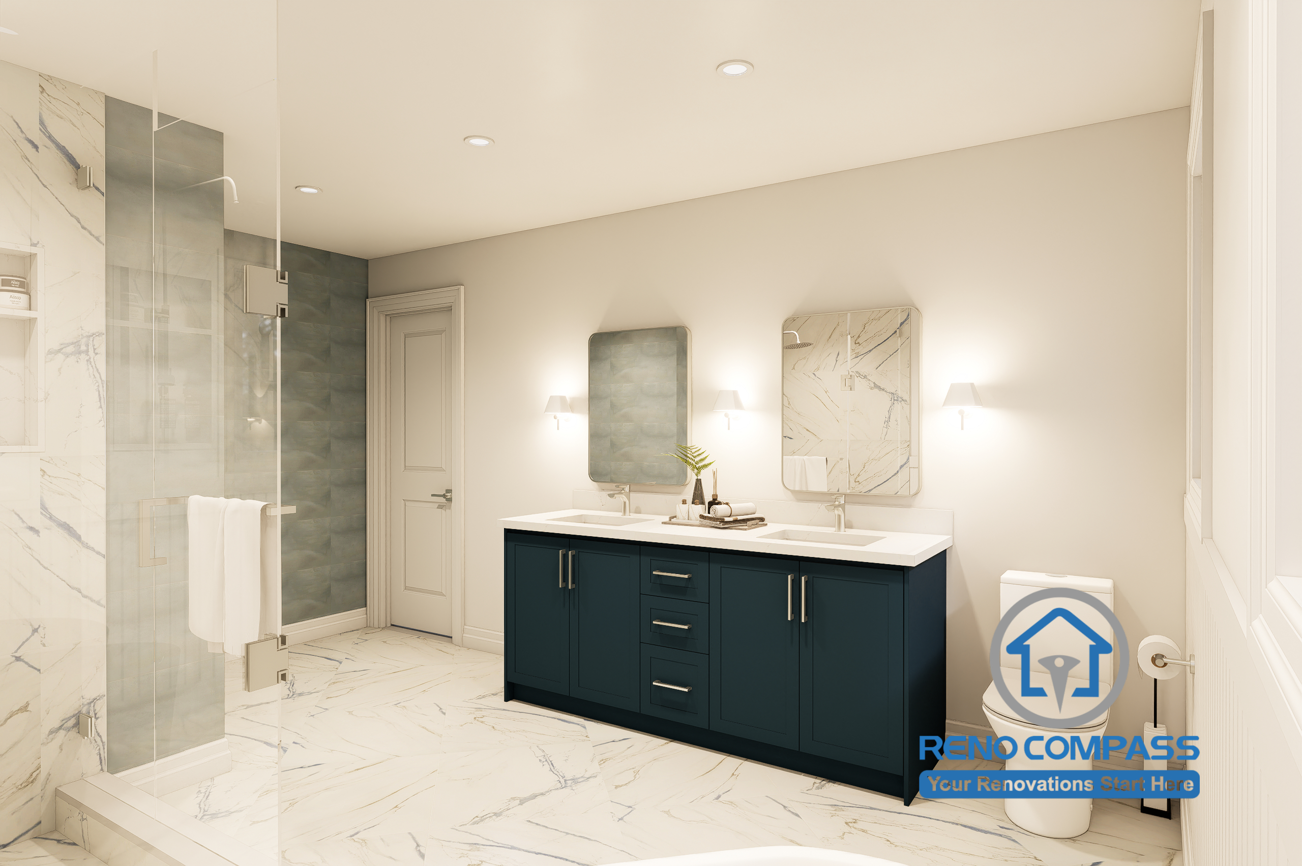 This completed bathroom renovation project in Markham features a custom navy-blue double vanity, frameless glass shower, premium porcelain tile flooring, quartz countertops, and a spacious modern layout that combines luxury, comfort, and everyday functionality.