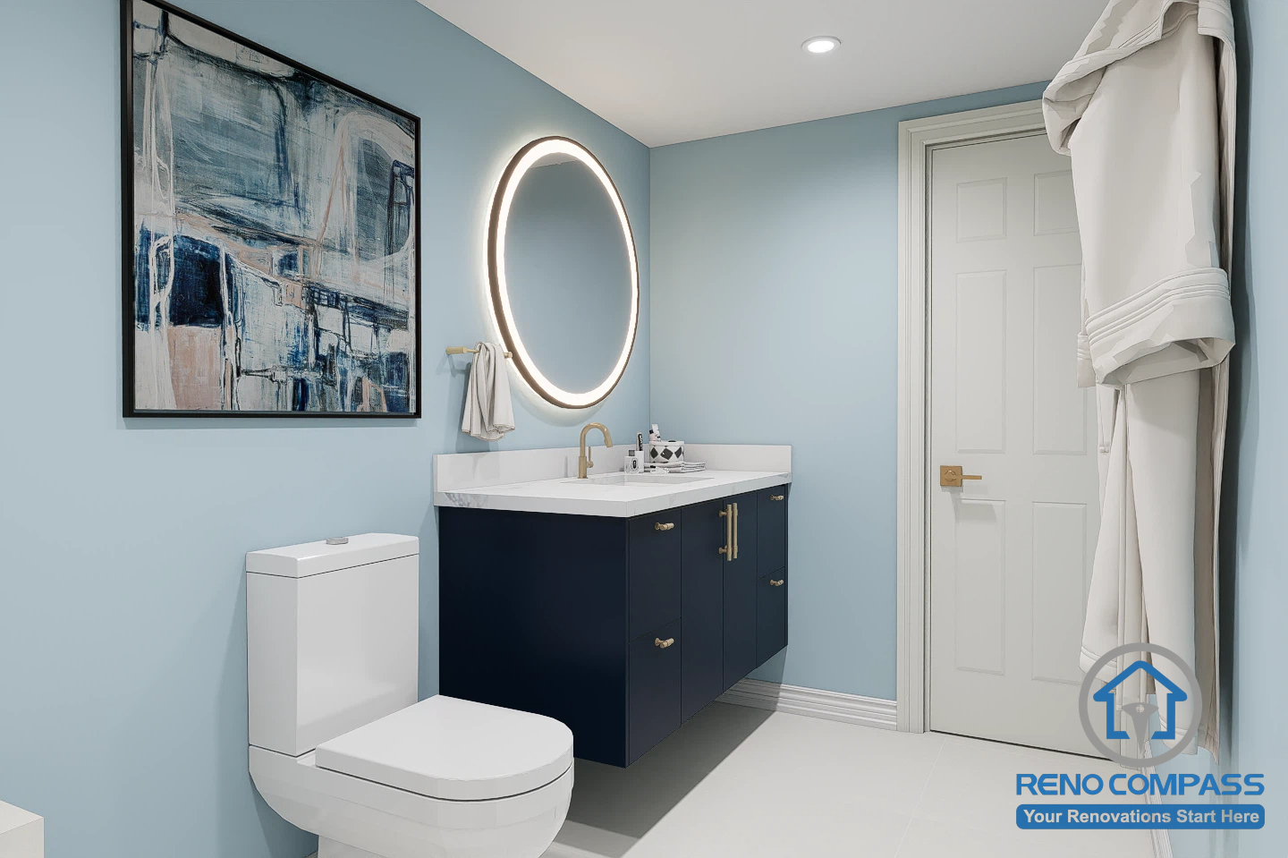 This contemporary bathroom was completed as part of a whole house renovation in North York. Featuring a custom navy vanity, quartz countertop, illuminated round mirror, brushed gold fixtures, and soft blue walls, the space creates a bright, elegant, and functional bathroom with timeless contemporary appeal.