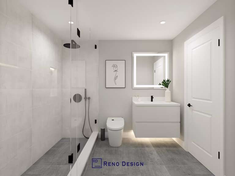 This Aurora basement bathroom renovation features a clean and modern minimalist design with a walk-in glass shower, floating vanity, LED backlit mirror, and large-format tile flooring. The neutral color palette enhances brightness in the basement space while maximizing functionality and comfort. Designed for durability and everyday use, this basement bathroom showcases high-quality finishes and thoughtful space planning by a professional Toronto renovation company.