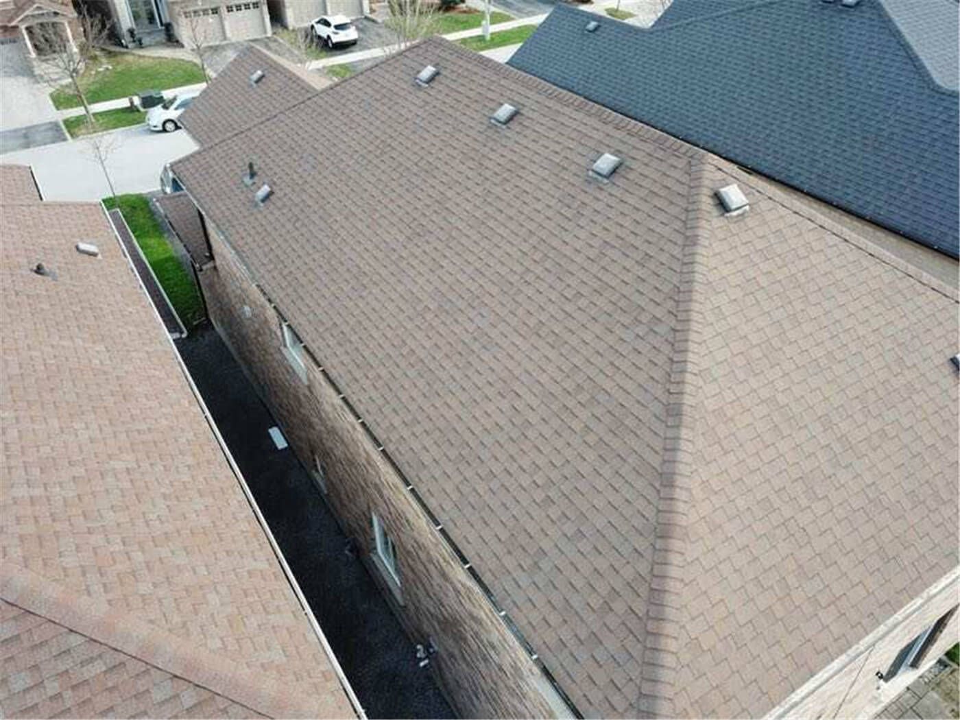 Professional drone roof inspection in Toronto providing a clear aerial view of roofing conditions, shingles, flashing, and structural details. This residential roof assessment uses high-resolution drone imaging to safely identify damage, aging materials, and maintenance needs without physical roof access. Ideal for homeowners, buyers, and renovation planning across the Greater Toronto Area.