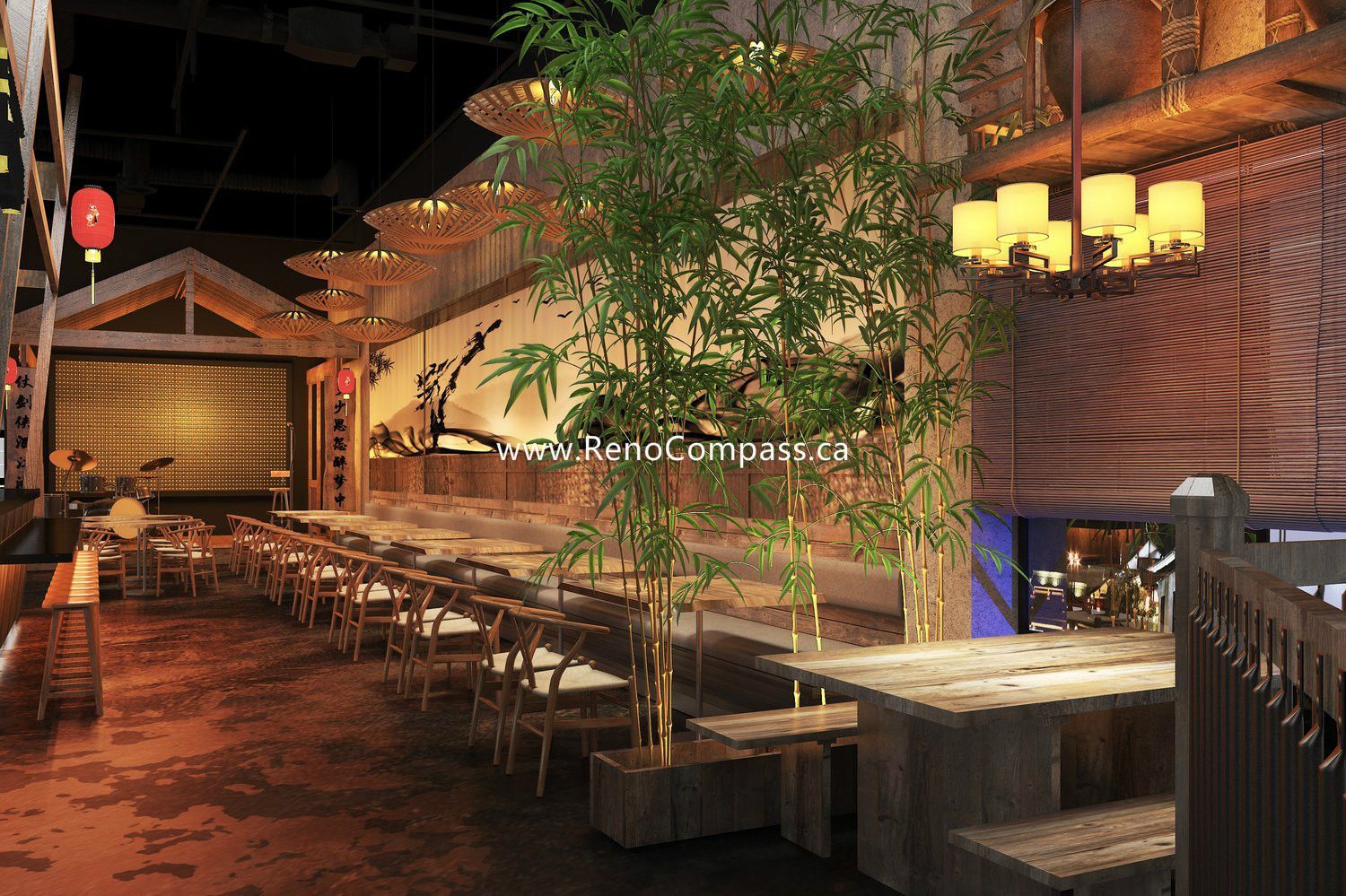 Showcasing the integration of a live performance stage within a modern BBQ restaurant. This Markham interior design project features signature bamboo umbrella ceiling decor, custom wood bench seating, and warm accent lighting. Designed for high-traffic commercial use, balancing acoustics with a sophisticated Zen-industrial aesthetic.