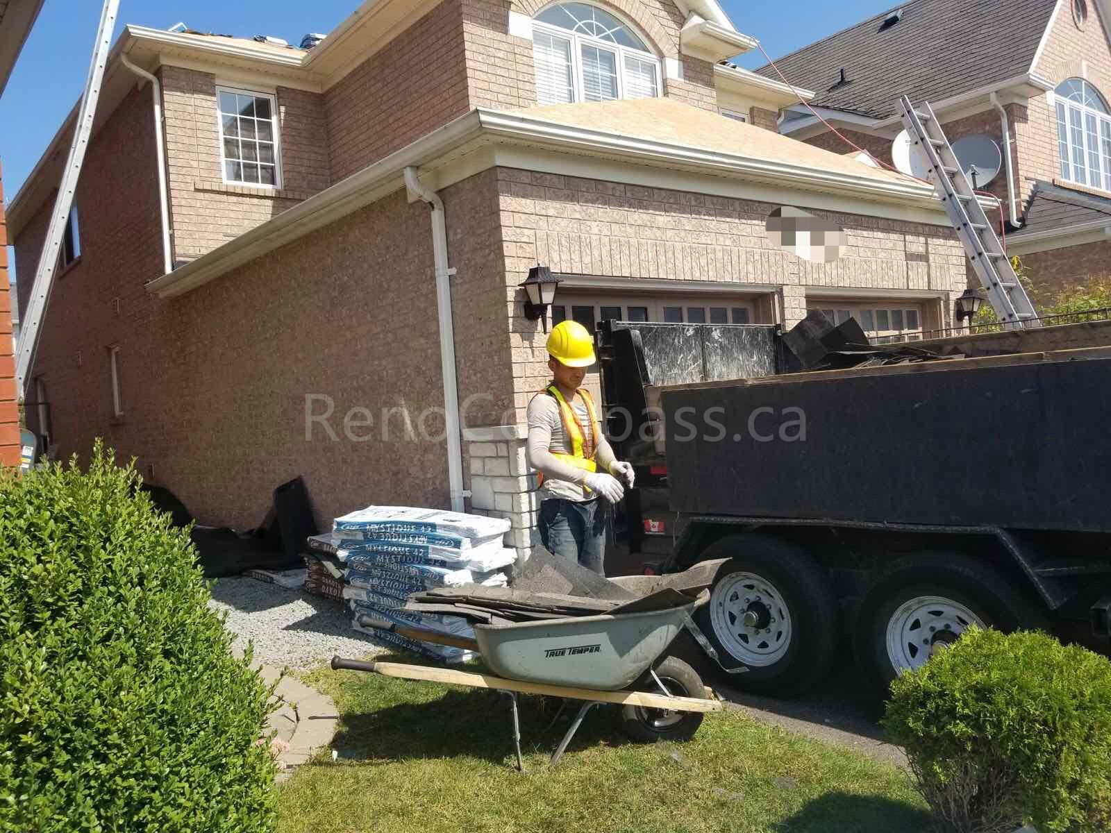 Ongoing roofing replacement project in Richmond Hill by Reno Compass. Our professional roofing team carefully removed old shingles and prepared the roof structure for new installation, ensuring safety, durability, and long-term weather protection for the home.