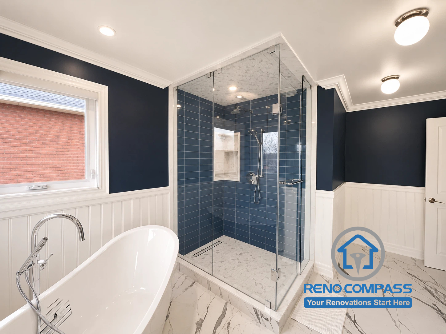 A completed modern bathroom renovation project in Markham featuring a freestanding bathtub, frameless glass shower, custom tile installation, quartz surfaces, and a bright, functional layout designed for everyday comfort.
