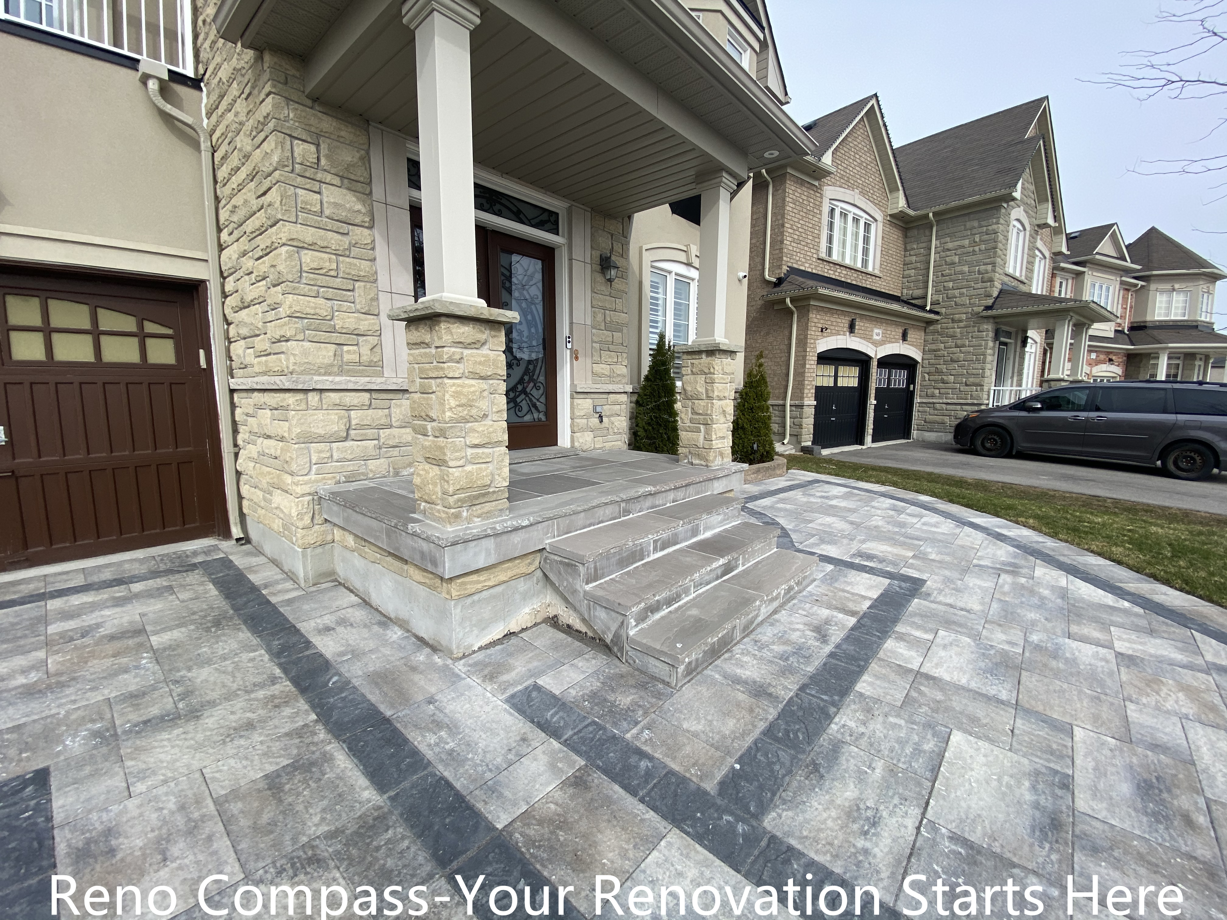 Completed interlocking driveway renovation in Newmarket featuring a large-scale front yard hardscape with patterned concrete pavers and contrasting border lines. The upgraded driveway enhances curb appeal, provides a durable parking surface, and complements the home’s exterior architecture. Designed and installed by a trusted Toronto renovation company specializing in high-quality residential exterior renovations.