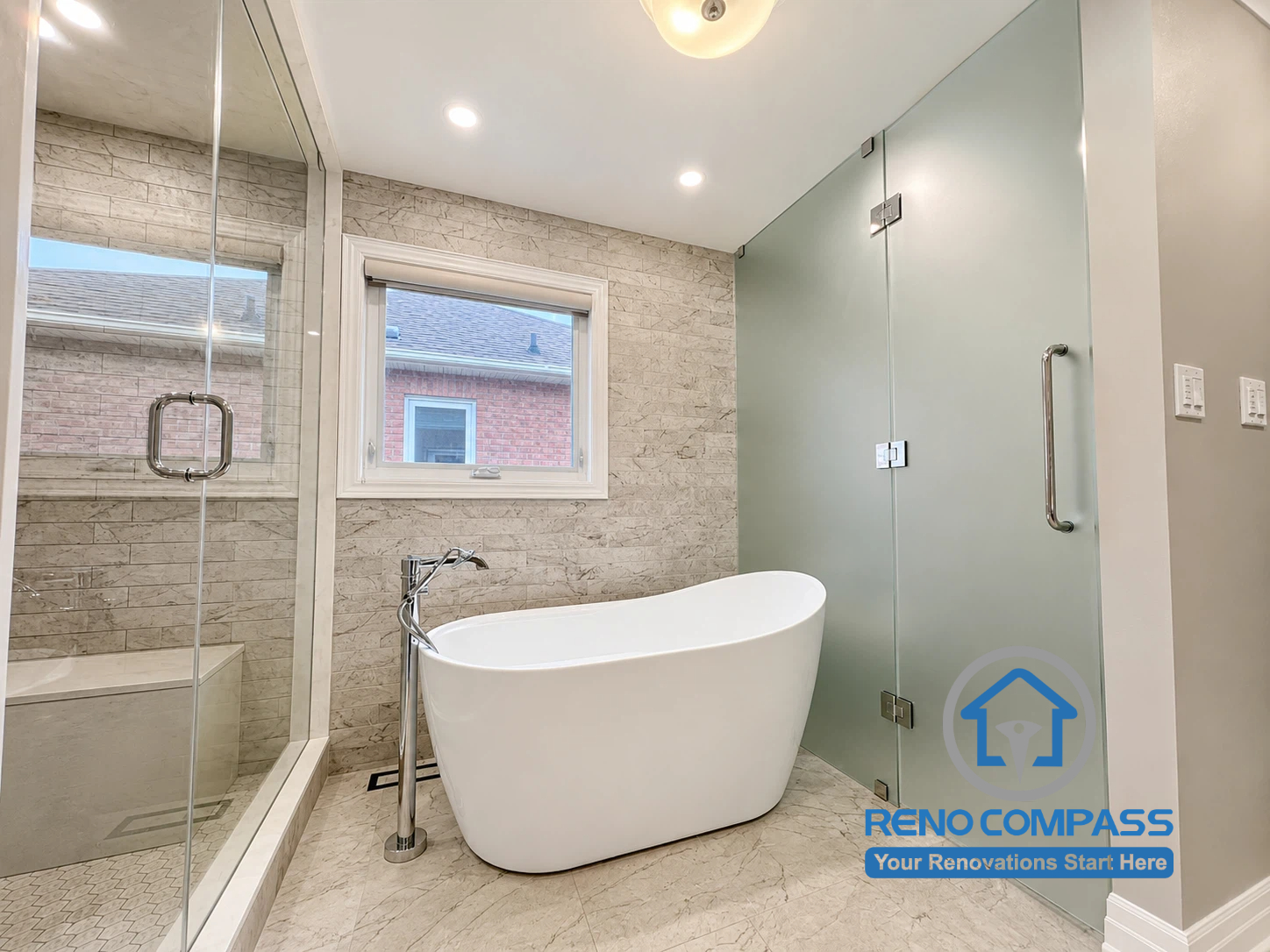 Modern freestanding bathtub installed during a luxury bathroom renovation project in Markham featuring premium porcelain tile, custom finishes, and a spa-inspired design.