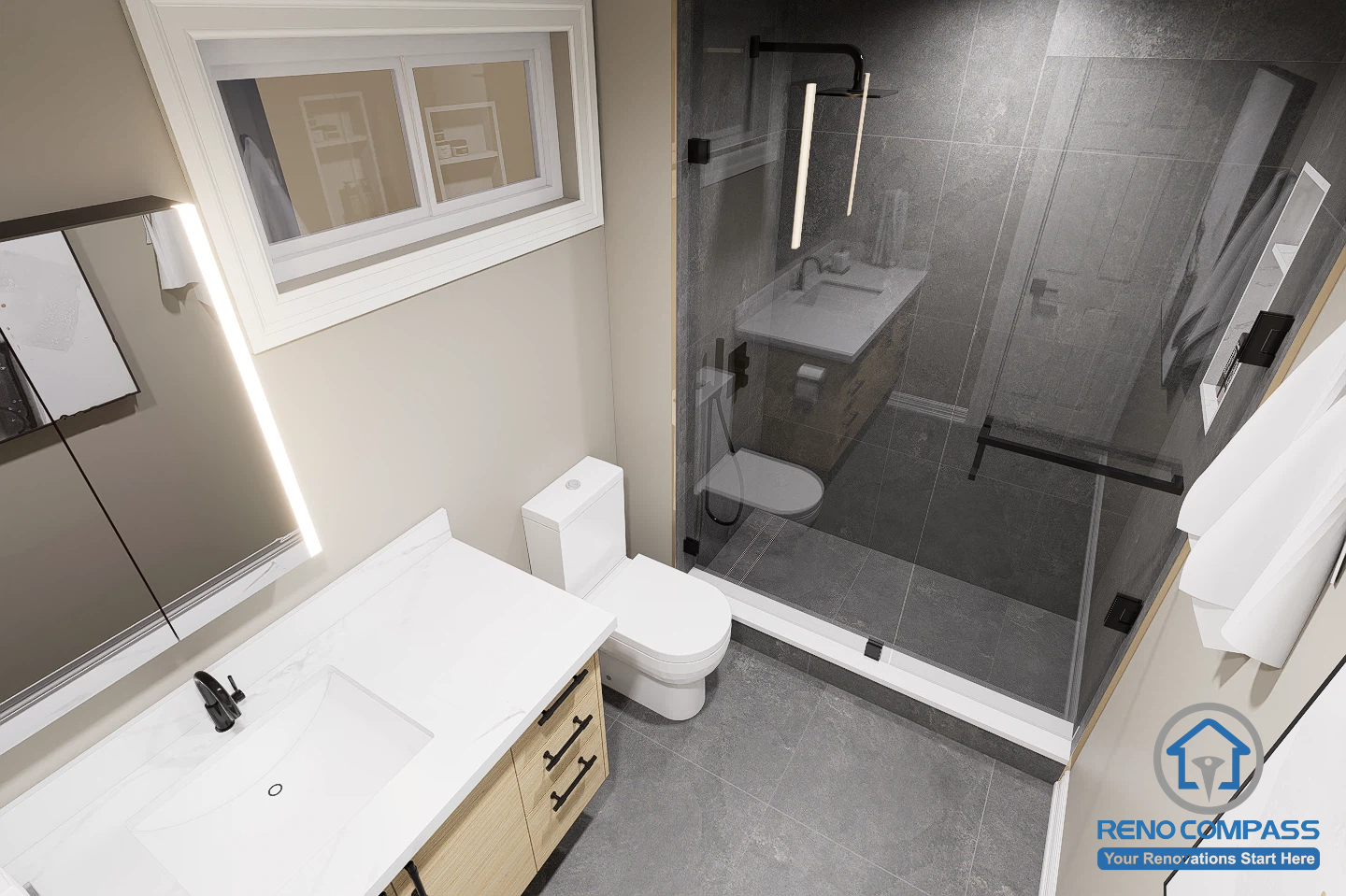 This modern bathroom features a custom vanity, quartz countertop, LED mirror cabinet, and a spacious frameless glass walk-in shower with contemporary black fixtures. Completed as part of a whole house renovation in North York, the design maximizes functionality while delivering a clean, bright, and timeless aesthetic.