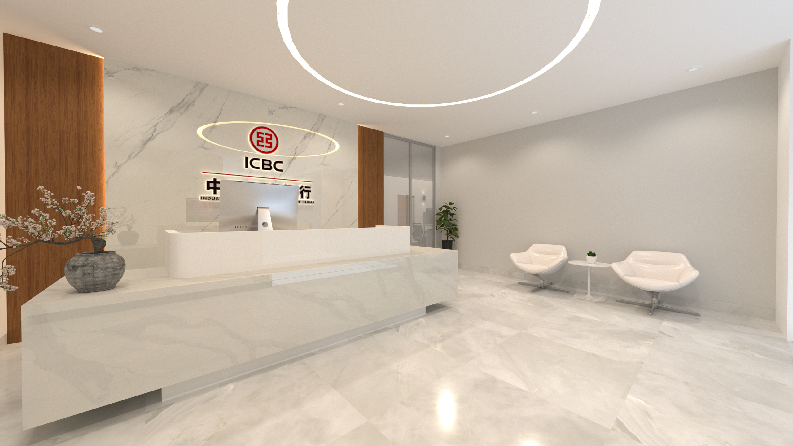 This image features the completed interior renovation of an ICBC Toronto branch, showcasing a modern and refined bank lobby design. The space incorporates a marble reception counter, circular LED ceiling lighting, glass partition walls, and warm wood accents, creating a professional and welcoming atmosphere. The layout focuses on visual clarity, smooth circulation, and brand presentation, reflecting contemporary commercial interior design standards for financial institutions in Toronto.