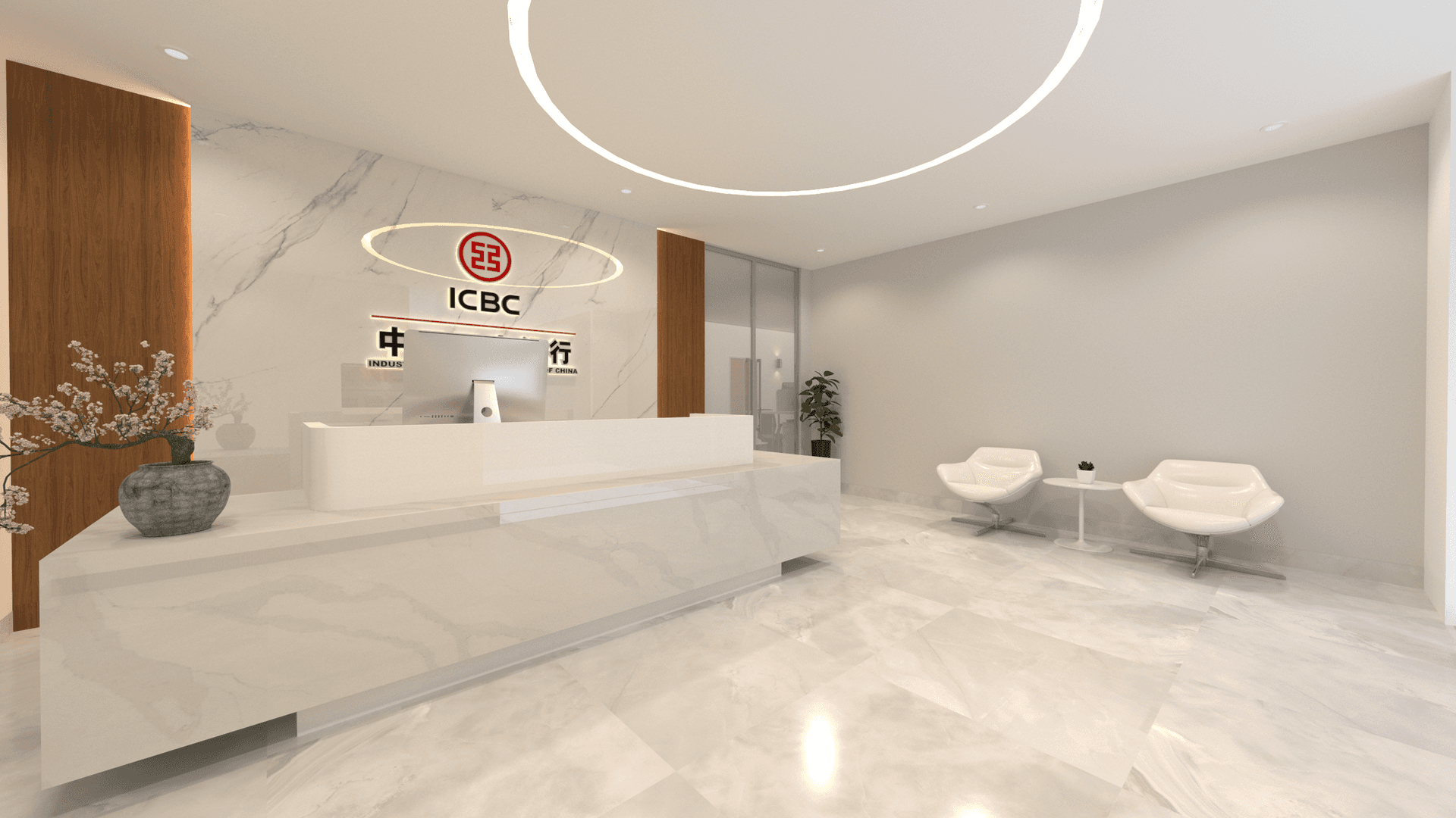 This image features the completed interior renovation of an ICBC Toronto branch, showcasing a modern and refined bank lobby design. The space incorporates a marble reception counter, circular LED ceiling lighting, glass partition walls, and warm wood accents, creating a professional and welcoming atmosphere. The layout focuses on visual clarity, smooth circulation, and brand presentation, reflecting contemporary commercial interior design standards for financial institutions in Toronto.
