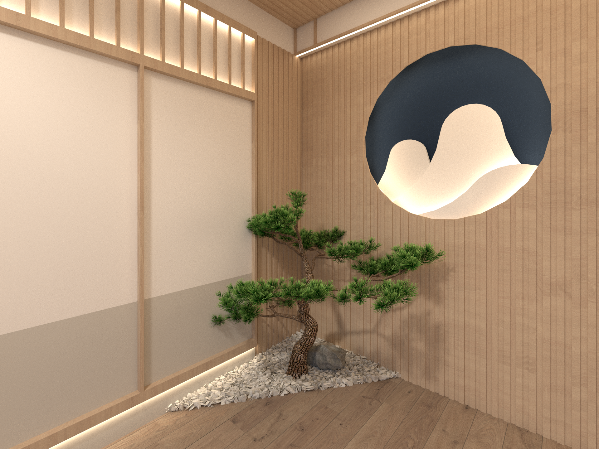 Japanese-inspired feature wall design for a Markham restaurant, combining vertical wood paneling, integrated ambient lighting, and a sculptural bonsai element to create a calm, refined dining atmosphere.