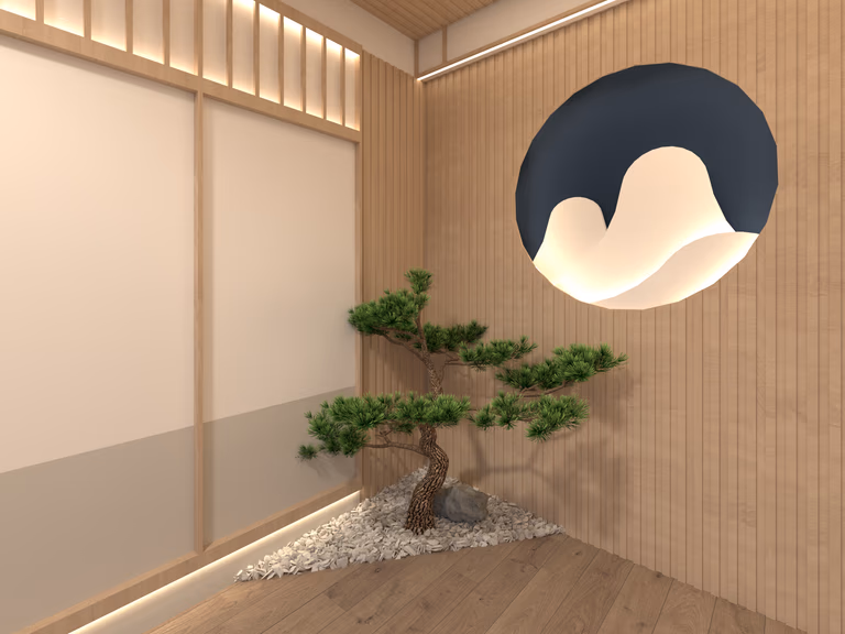 Japanese-inspired feature wall design for a Markham restaurant, combining vertical wood paneling, integrated ambient lighting, and a sculptural bonsai element to create a calm, refined dining atmosphere.