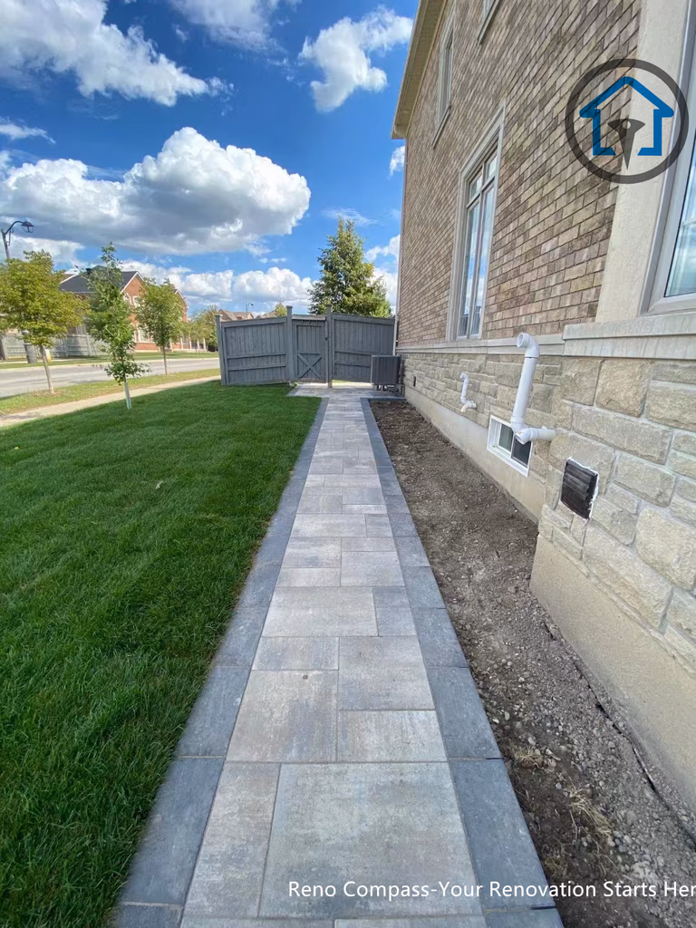 Custom interlocking walkway renovation in Vaughan, creating a clear and elegant entrance path with precise stone alignment and strong visual balance.