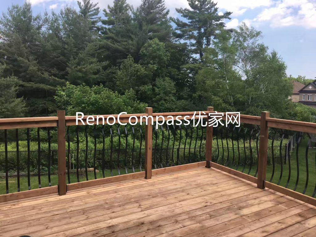 Newly upgraded backyard wood deck in Richmond Hill featuring premium pressure-treated wood flooring and modern black metal railing. This outdoor renovation enhances backyard usability, safety, and scenic views while creating a warm and durable outdoor living space perfect for relaxation and entertaining.