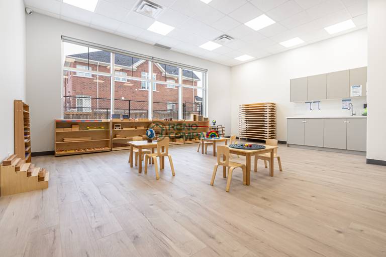 Multi-purpose daycare learning room renovation in Richmond Hill, offering a spacious layout, smooth flooring, and practical finishes suitable for various childcare activities.
