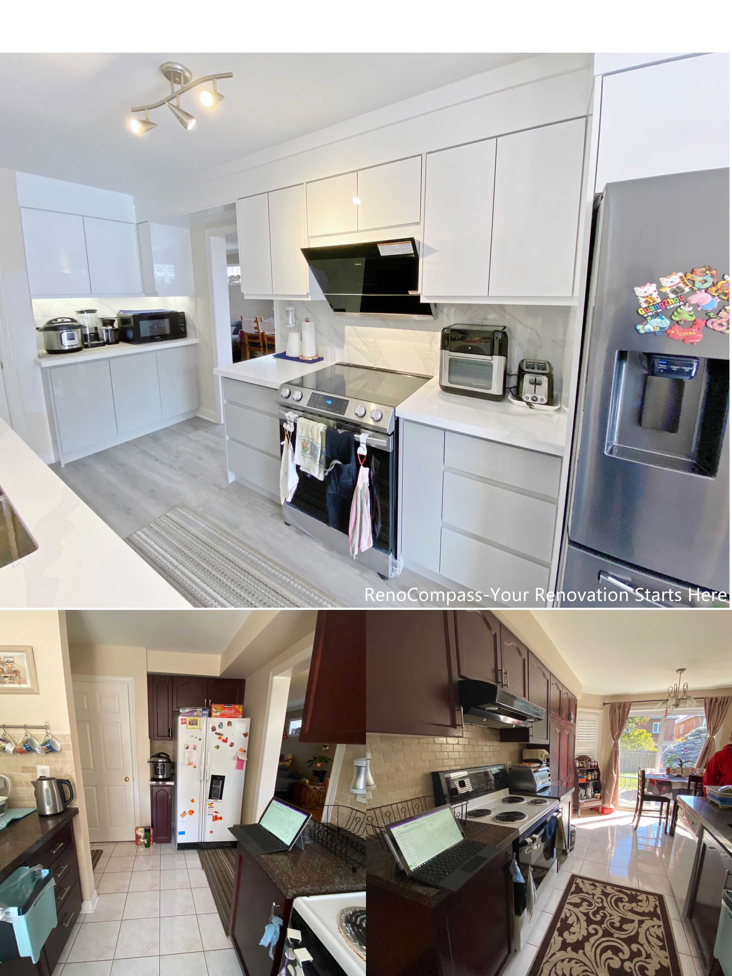 This image presents a before-and-after comparison of a kitchen renovation project in Mississauga. The transformation highlights the upgrade from a darker, enclosed kitchen to a bright, modern layout featuring white cabinetry, quartz countertops, improved lighting, and a more efficient appliance arrangement. The renovation enhances storage, workflow, and visual clarity while maintaining practical daily use. This comparison demonstrates how thoughtful layout planning and material selection can significantly improve both functionality and appearance in a Mississauga kitchen renovation.