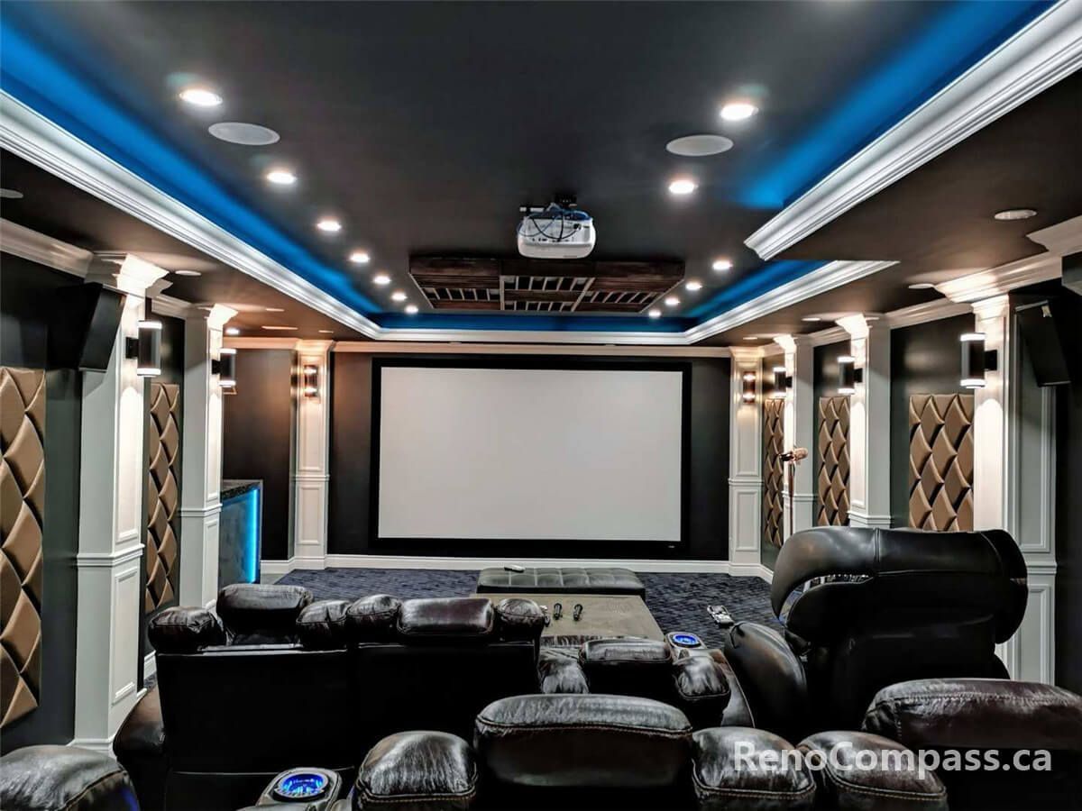 This image presents a luxury home theater room featuring a large projection screen, tiered leather seating, recessed ceiling lighting, and a professionally designed layout for an immersive cinematic experience.