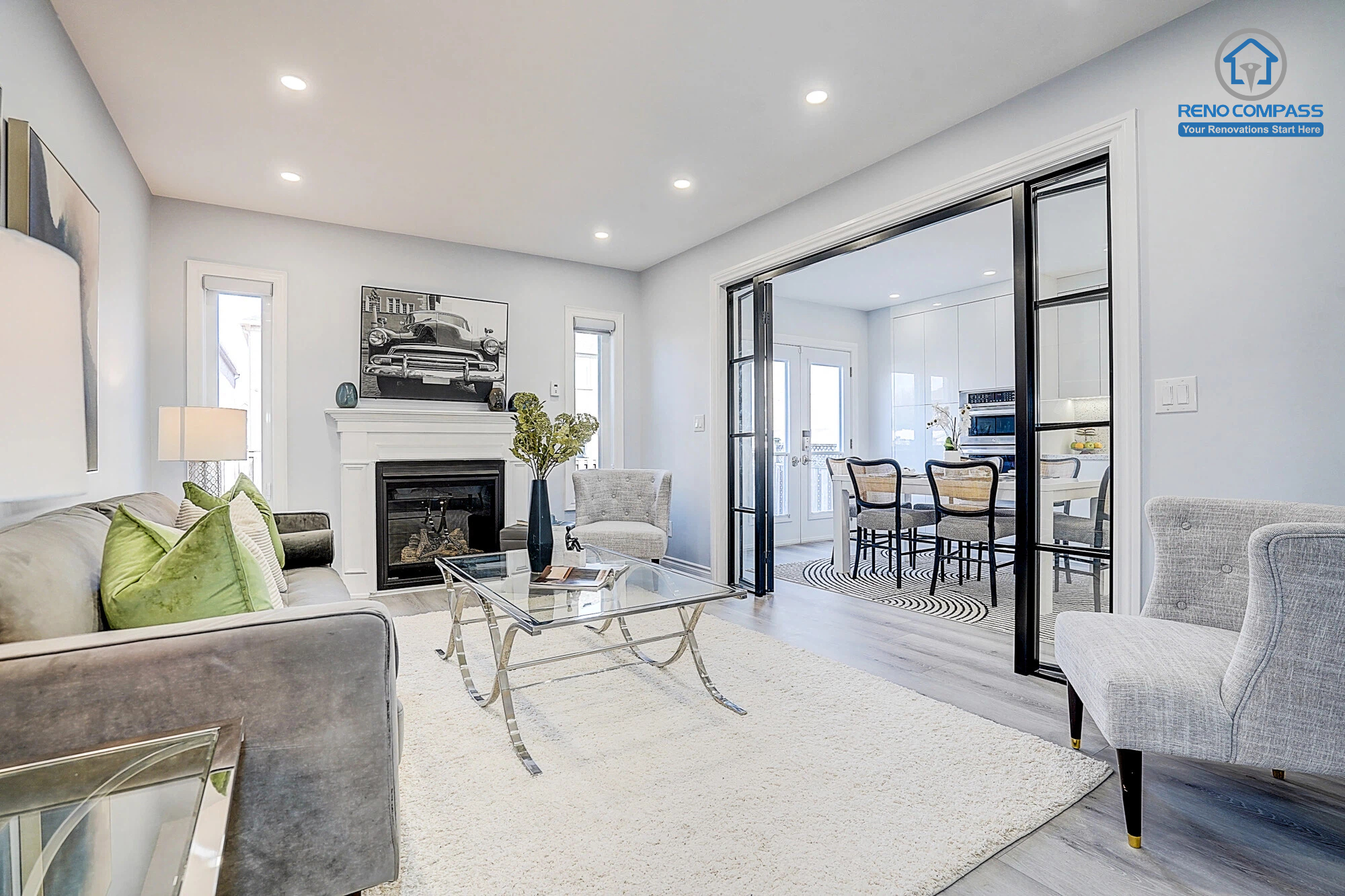 Modern living room after interior renovation in Vaughan, featuring new flooring, pot lights installation, and fresh wall painting for a clean and bright space.