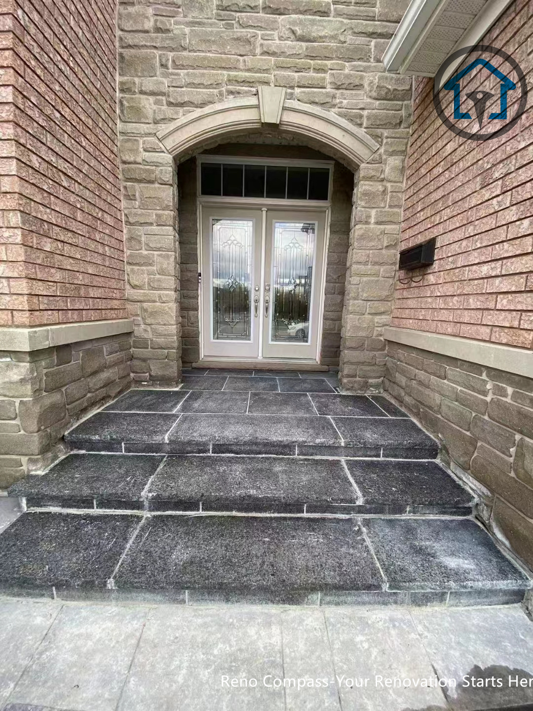 This close-up image focuses on the interlocking stone detail of a paving project in Oakville, highlighting clean joints, consistent spacing, and quality material selection. Proper installation ensures stability, drainage, and long-term durability. Executed by Reno Compass Inc. as part of a full exterior renovation.