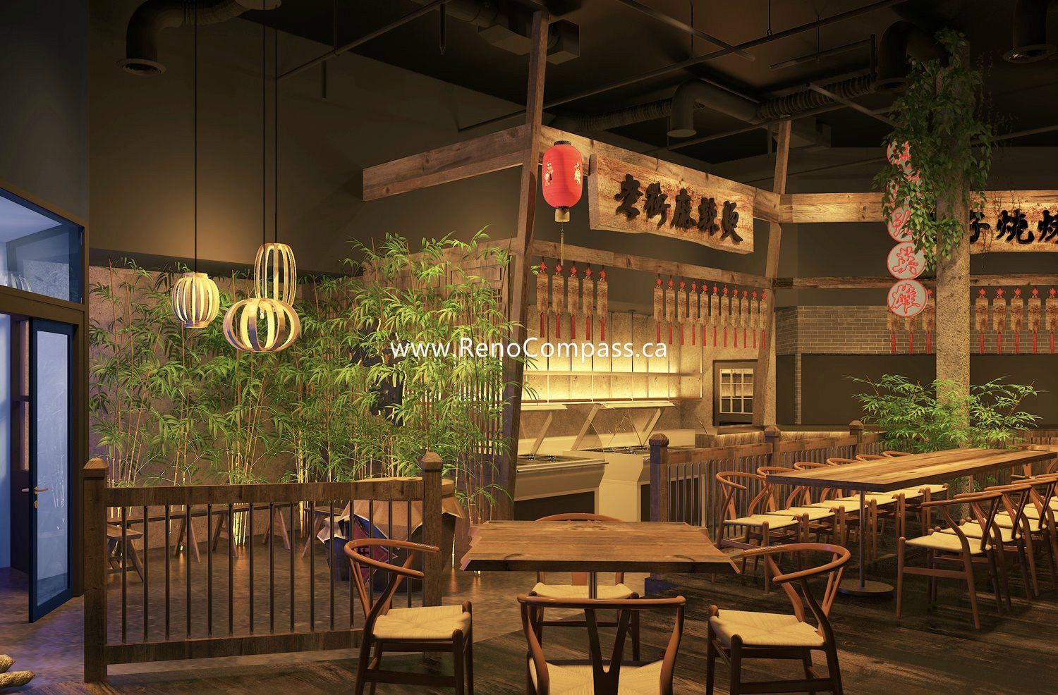 A blend of traditional aesthetics and modern commercial design. This Markham BBQ bar features sustainable bamboo accents, warm ambient lighting, and custom wood millwork to create an immersive dining experience. Perfect for live music and high-end social gatherings.